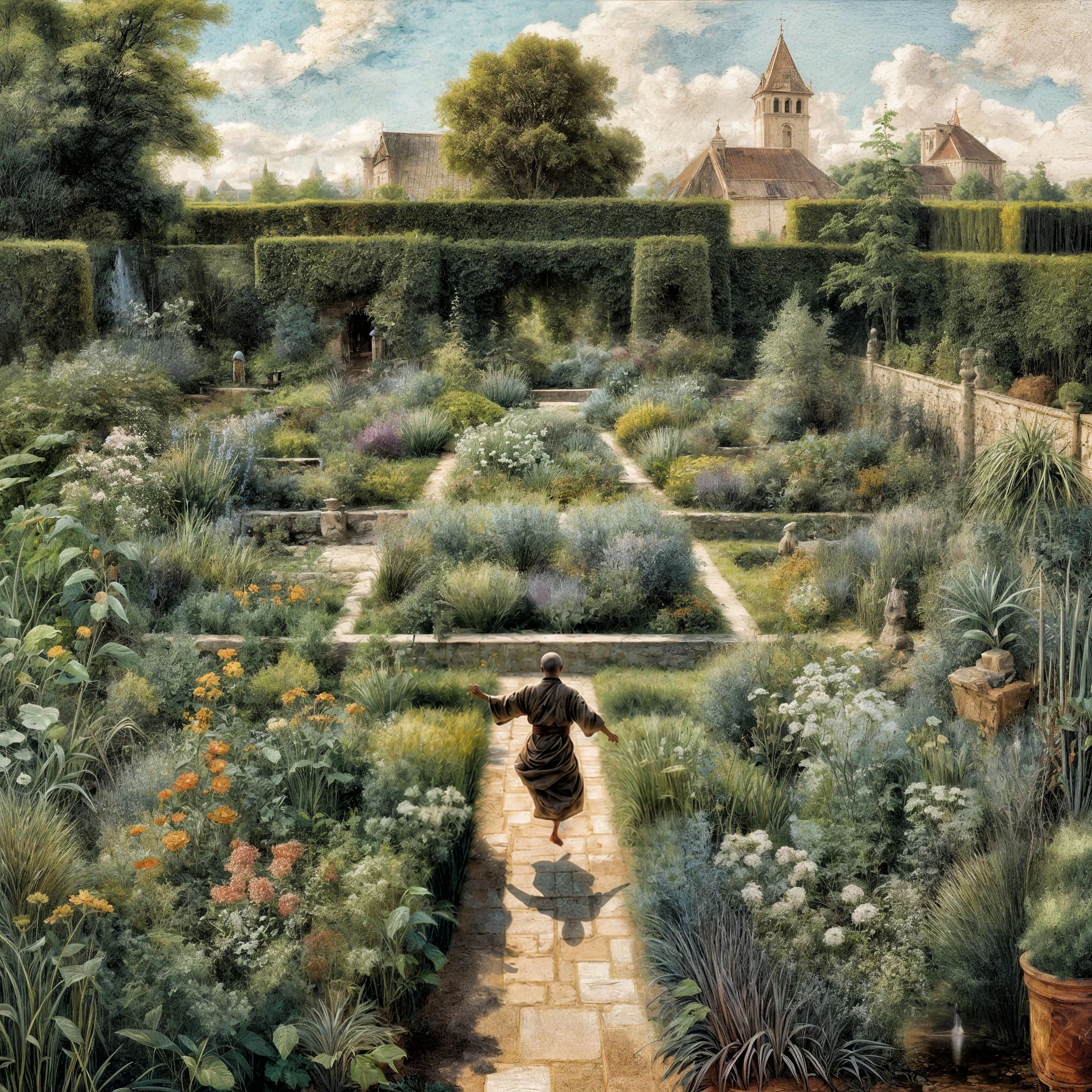 Das Titelbild zeigt eine Person in brauner Robe, die über einen gepflasterten Weg durch einen symmetrisch angelegten Garten mit verschiedenen Pflanzen und Blumen hüpft. Im Hintergrund sind hohe Hecken und ein Dorf mit Kirchturm zu sehen.