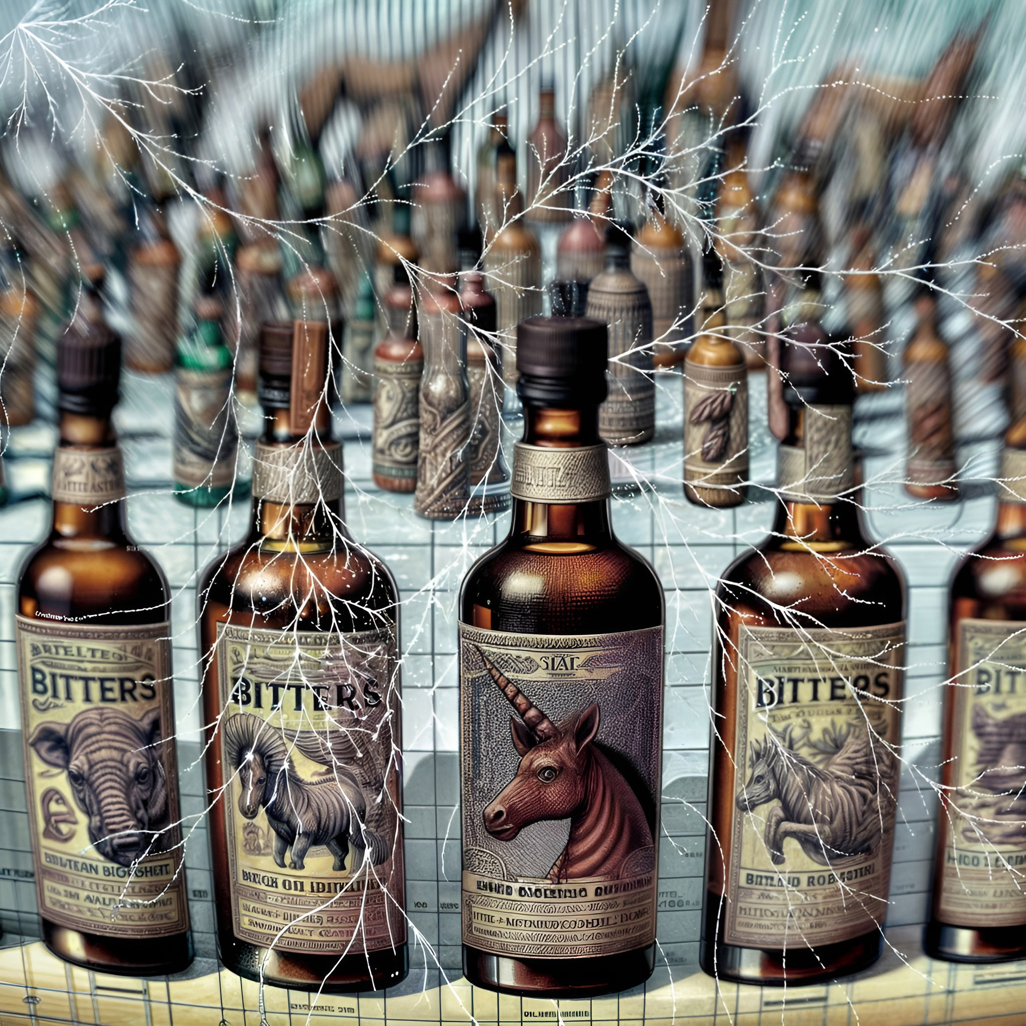 The cover art depicts a collection of brown bottles, each labeled "Bitter" and adorned with creatures like elephants, horses, unicorns, and rhinos. Ethereal, web-like electrical arcs cover the bottles.
