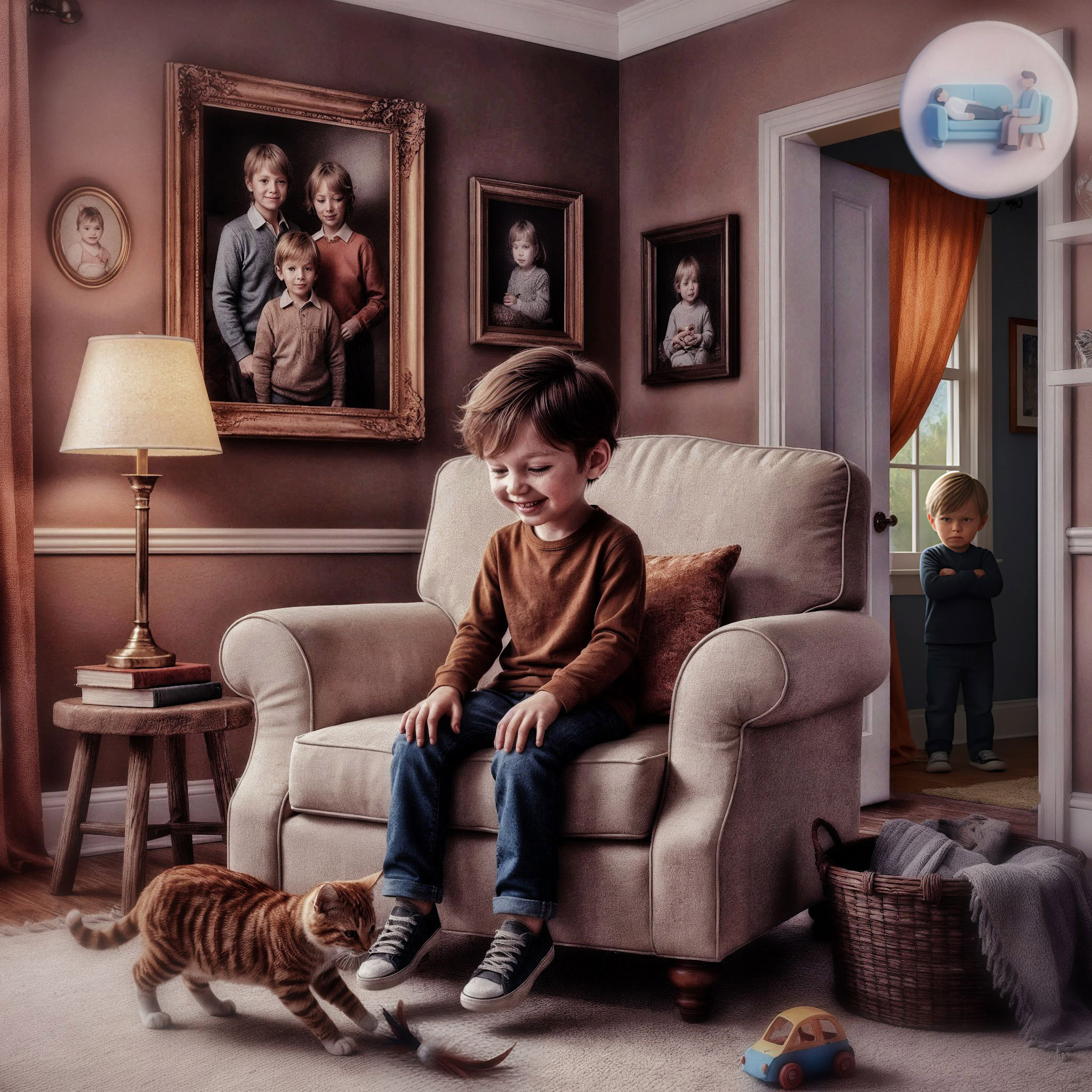 The cover art shows a boy sitting on an armchair, smiling and playing with a cat. In the background, another boy stands in a doorway with his arms crossed. Several portrait paintings of children hang on the wall. Top right, a digital button features a small icon: a patient reclining on a therapist's couch.