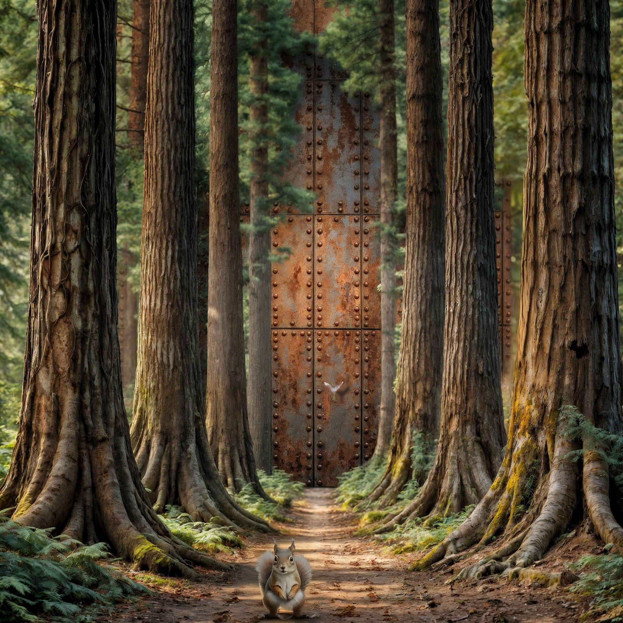 The cover art shows a narrow forest path between tall trees, leading to a large, rusty metal wall with rivets, in front of which a bird flutters, while a squirrel sits in the foreground.