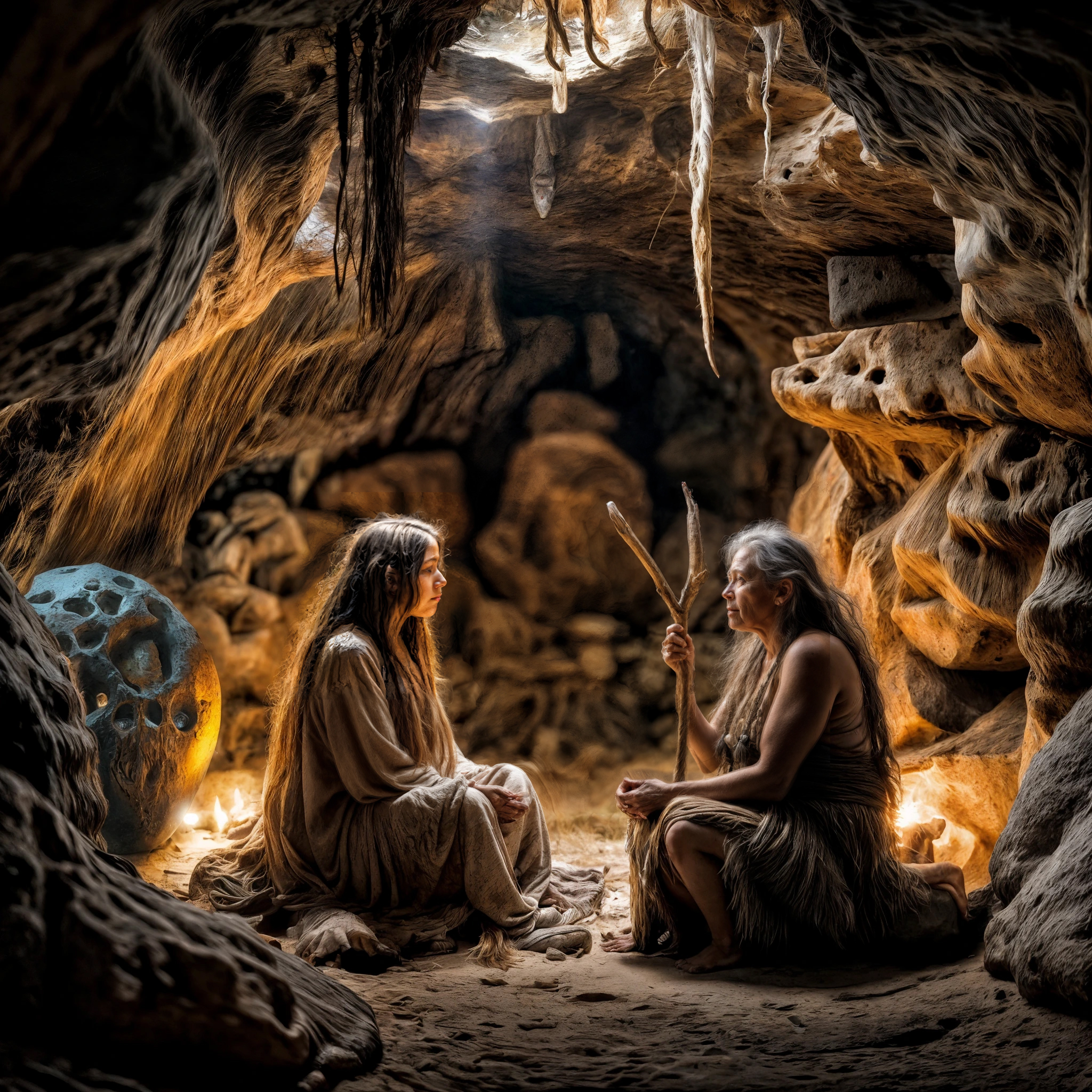 The cover art shows two women sitting opposite each other in a cave; an older one with grey hair holds a staff; the other, younger woman has long, dark hair, surrounded by rocks and stalactites.
