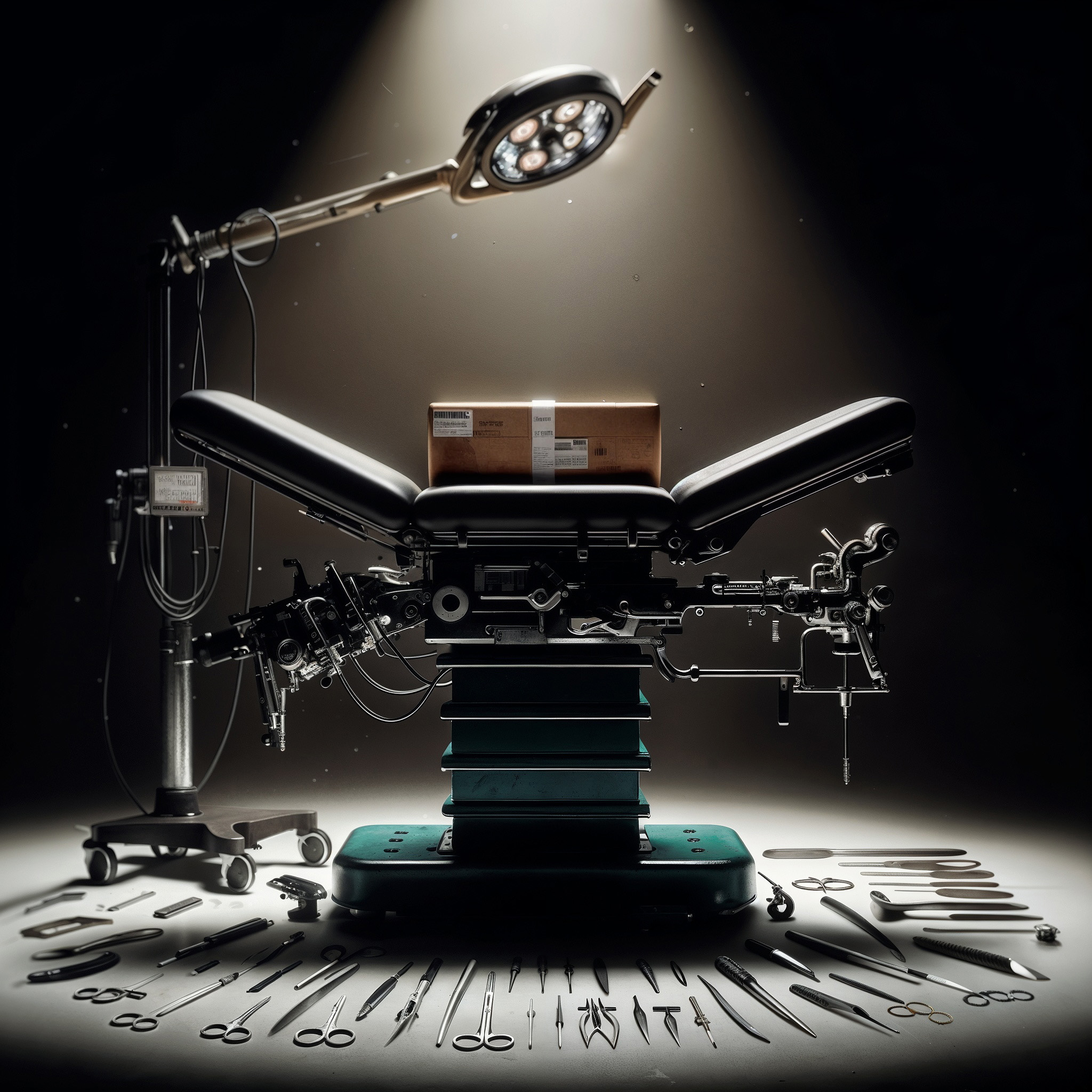 The cover art shows an adjustable operating table with a cardboard box on it, surrounded by surgical instruments placed on the floor and an operating light above.