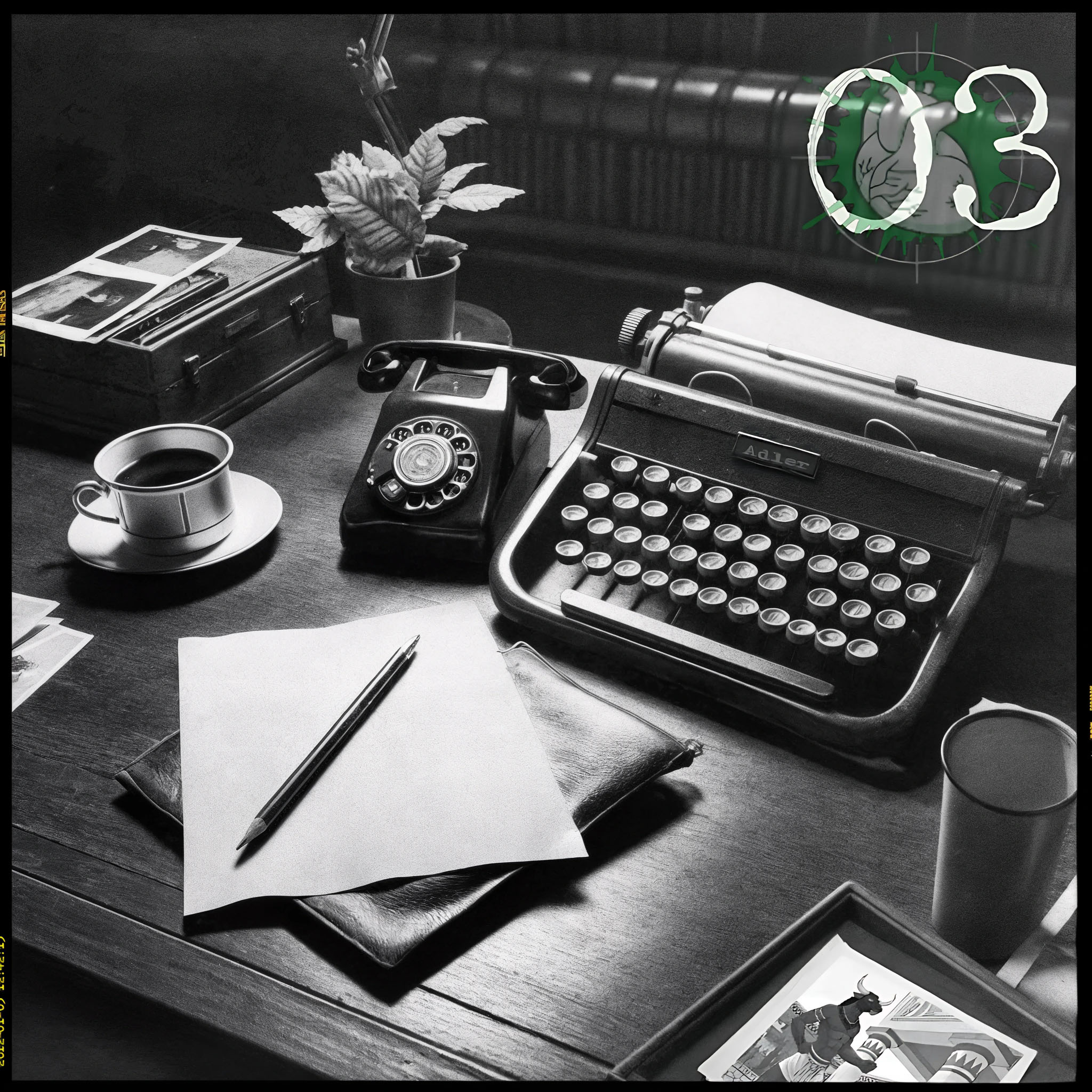 The cover art shows a black-and-white photograph of a desk with an Adler brand typewriter, an old rotary dial telephone, a cup of coffee, a small potted plant, a pen on paper, and a framed picture showing a human-like figure with a bull's head.