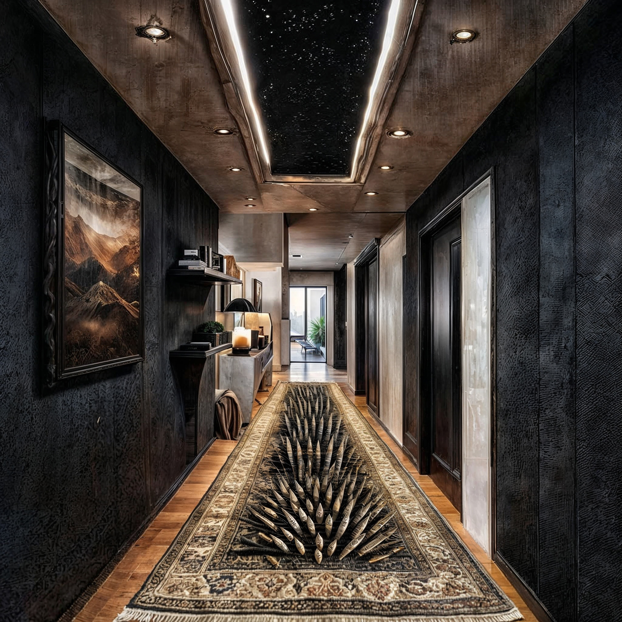 The cover art shows a hallway with dark walls, a framed picture on the left, and a sideboard in the background. A carpet with a 3D pattern, depicting sharpened stakes, lies in the middle, with a skylight above it, revealing the starry sky.