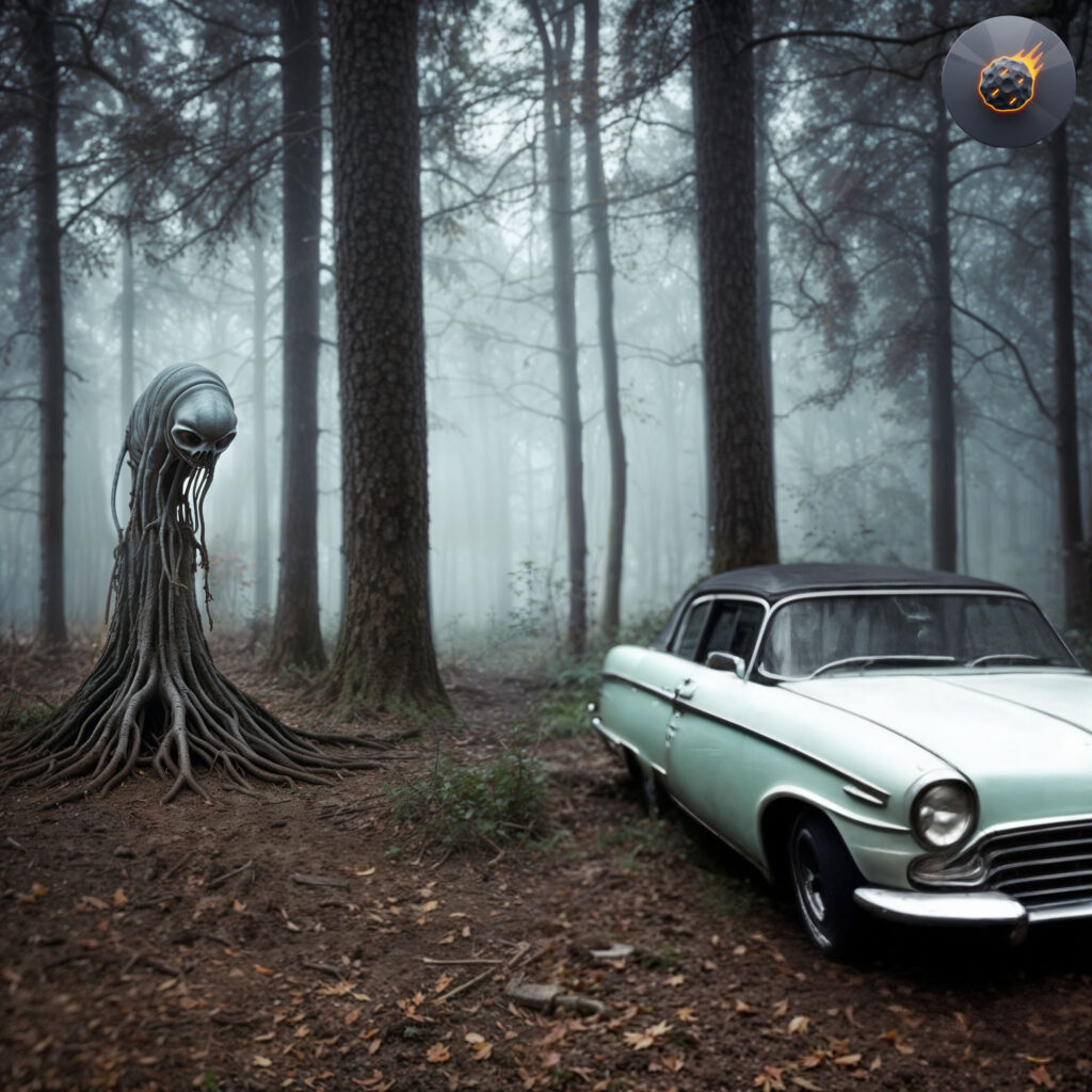 The cover art depicts a bizarre being with an oversized head and lengthy, root-like limbs, positioned beside a vintage white automobile within a shrouded woodland. A digital button in the upper right corner features the icon of a blazing meteor.