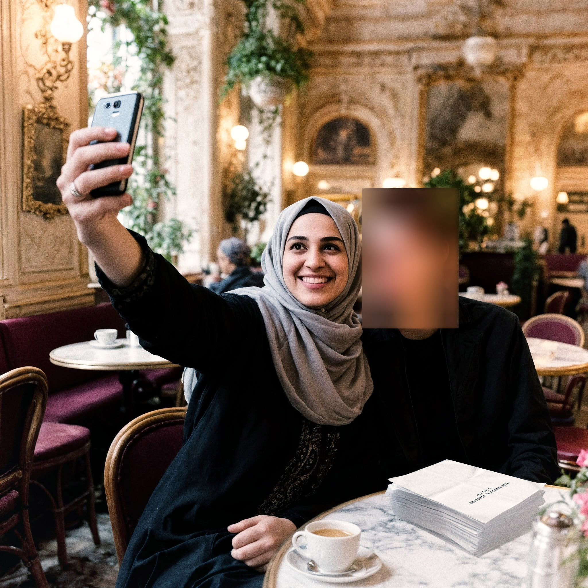 Das Titelbild zeigt eine junge Frau mit Kopftuch in einem eleganten Café. Sie macht lächelnd ein Selfie mit einer Person, deren Gesicht geblurrt ist, an einem Tisch mit Kaffeetasse und einem Stapel Papier.