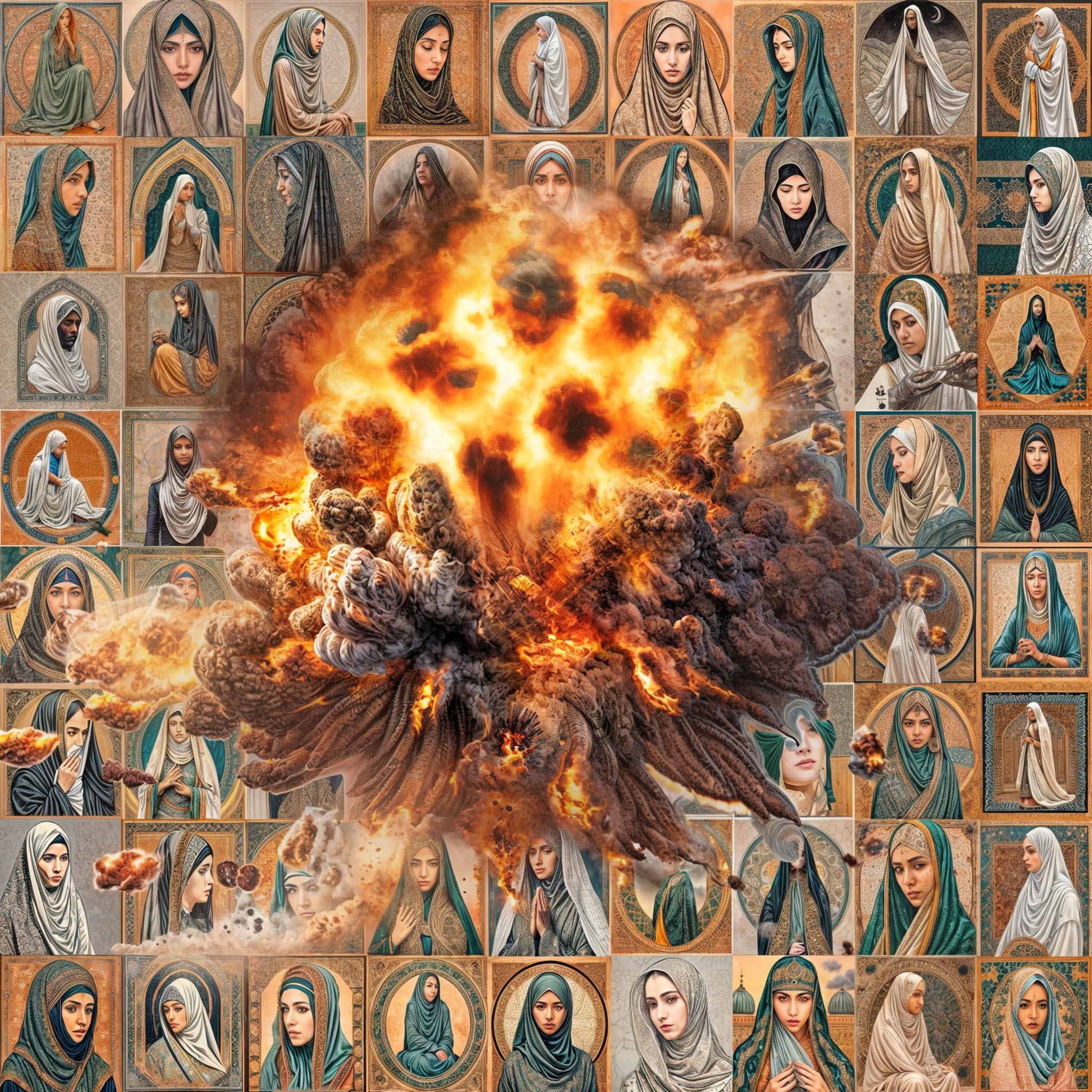 The cover art presents a montage of many women in headscarves, set against an ornately patterned backdrop, with a dramatic, intricate explosion bursting forth at its heart.