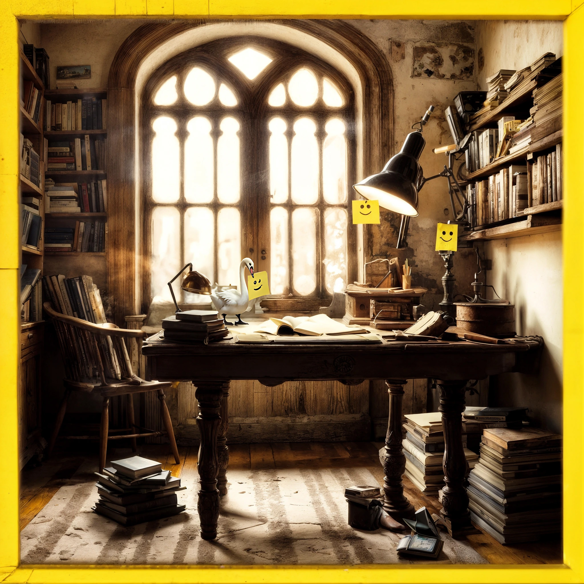 The cover photo shows a room with bookshelves and an old desk in front of a large Gothic window. Books are piled up on the floor. A yellow sticky note with a smiley face is attached to a swan figurine, and two more are hanging from the desk lamp.