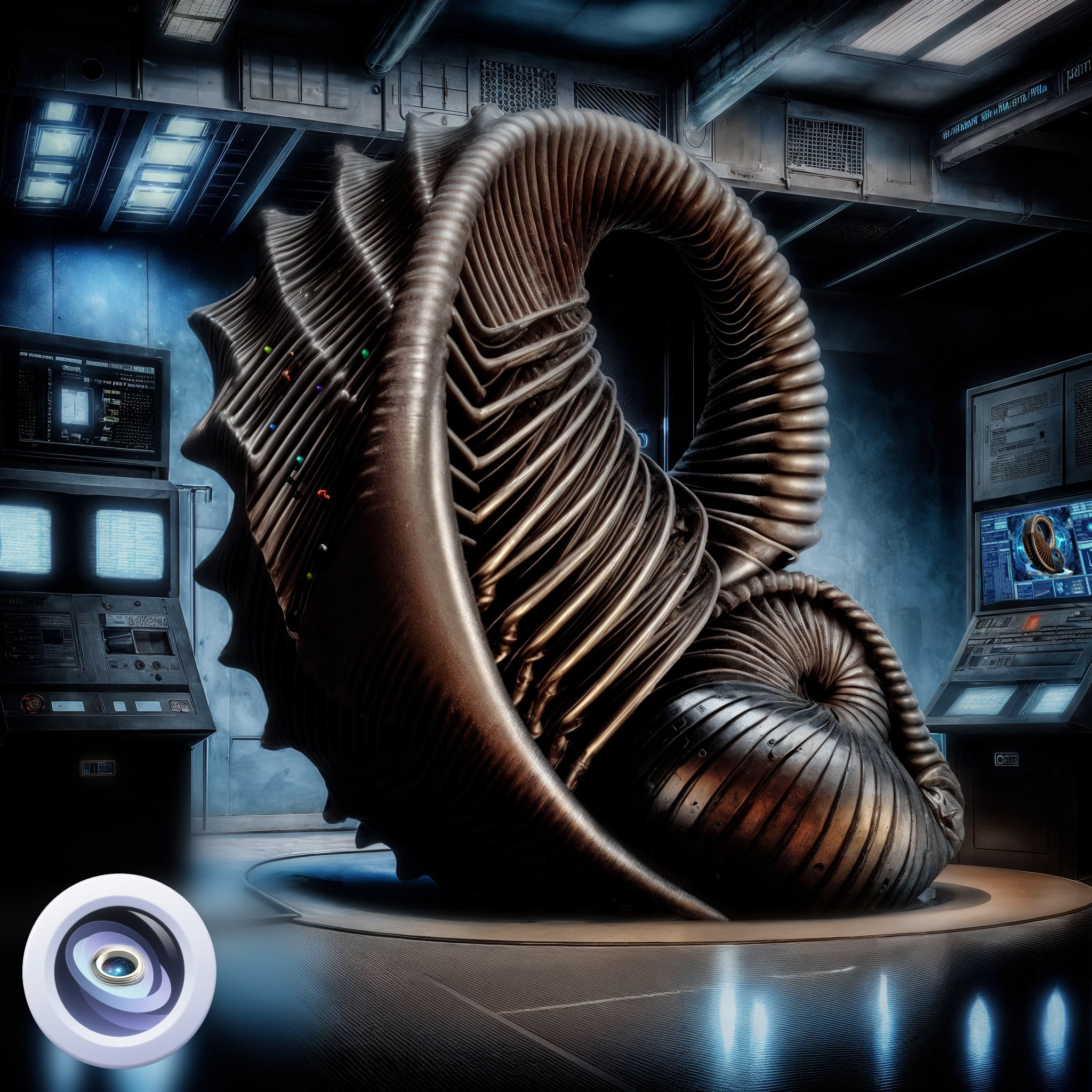 The cover art shows a massive, coiled metallic form within a shadowy high-tech chamber, complete with banks of monitors and control stations. In the lower left, a digital button presents a circular aperture, offering a descent into the star-strewn heavens.