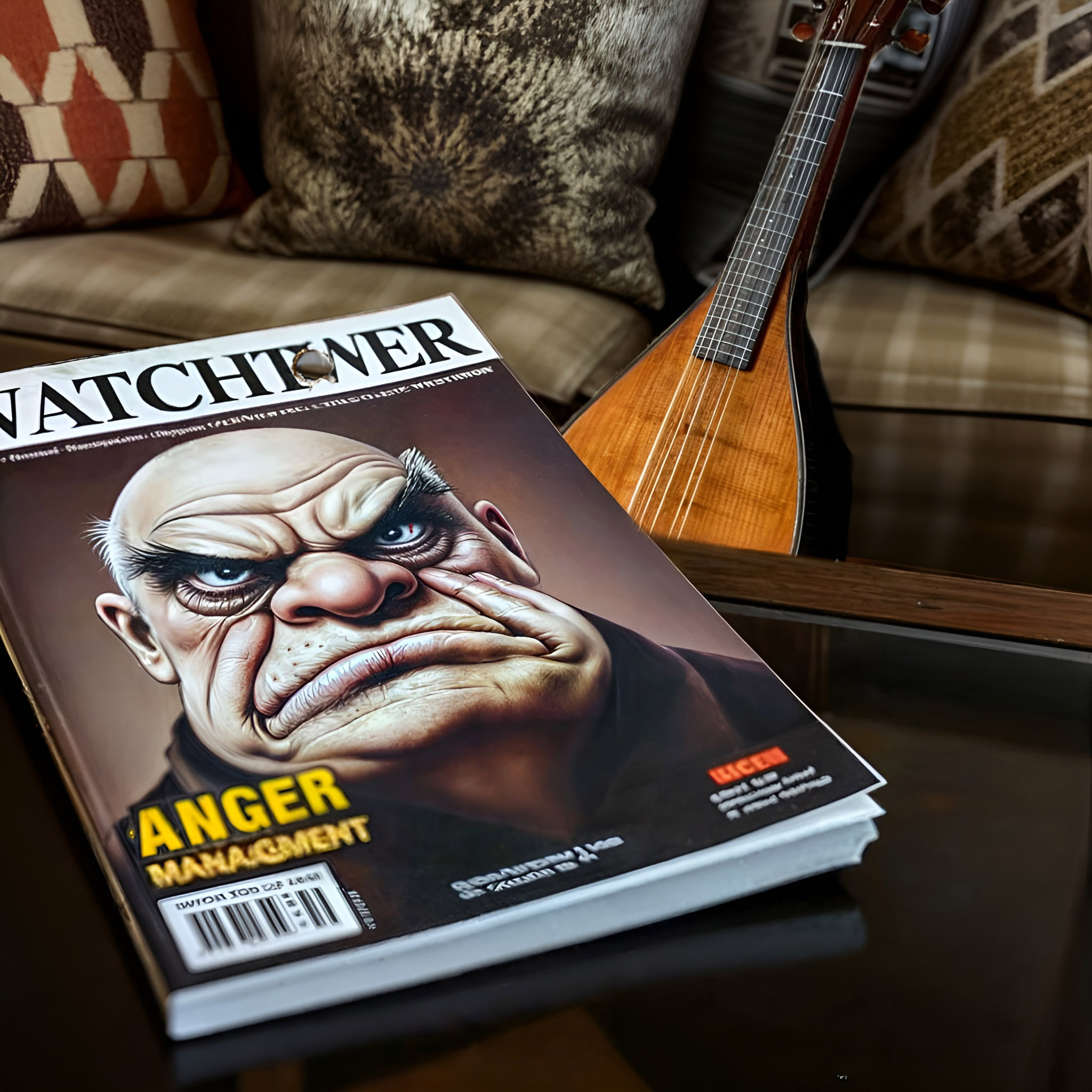 The cover art features a magazine, its front emblazoned with a stern, illustrated man and the bold heading "Anger Management." This scene unfolds on a dark table, juxtaposed with a mandolin and plush cushions resting on a sofa. The publication's name, "Watchtower," is prominently displayed, with its central 'O' being a bullet hole.