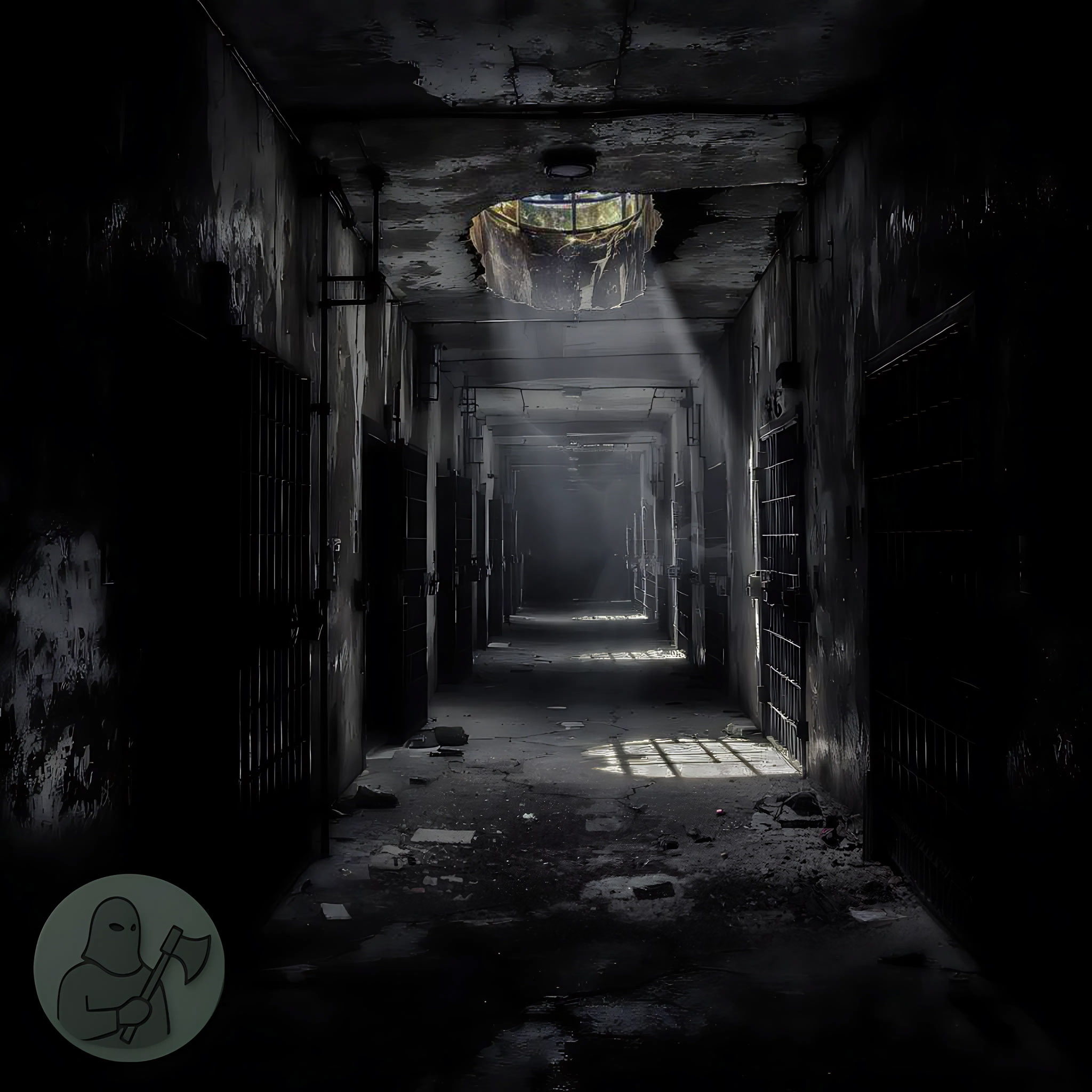 The cover art depicts a decaying, shadowy hallway lined with cells, a light-drenched opening in the ceiling where a ghostly, ethereal angel appears to hover. A digital icon in the lower left corner features an executioner with an axe.