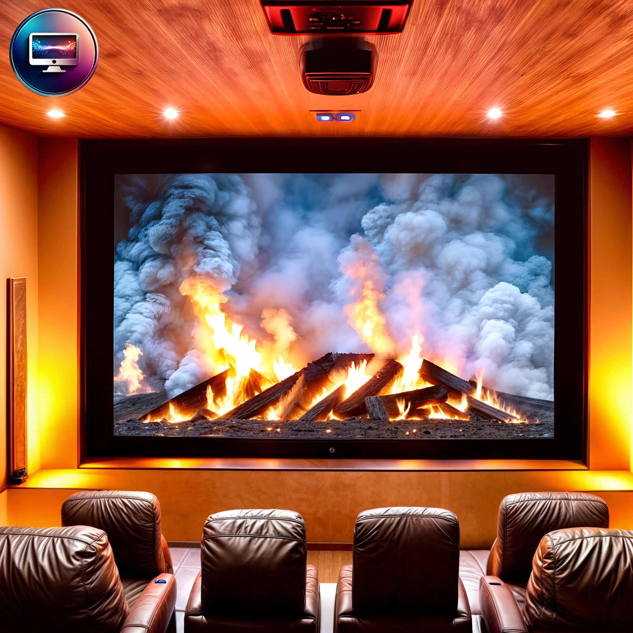 The cover art features a home cinema setup, complete with rich brown leather recliners facing a grand screen. This screen depicts a roaring fire, complete with wisps of smoke. To the lower left, a digital button displays a computer monitor with abstract, flowing waveforms.