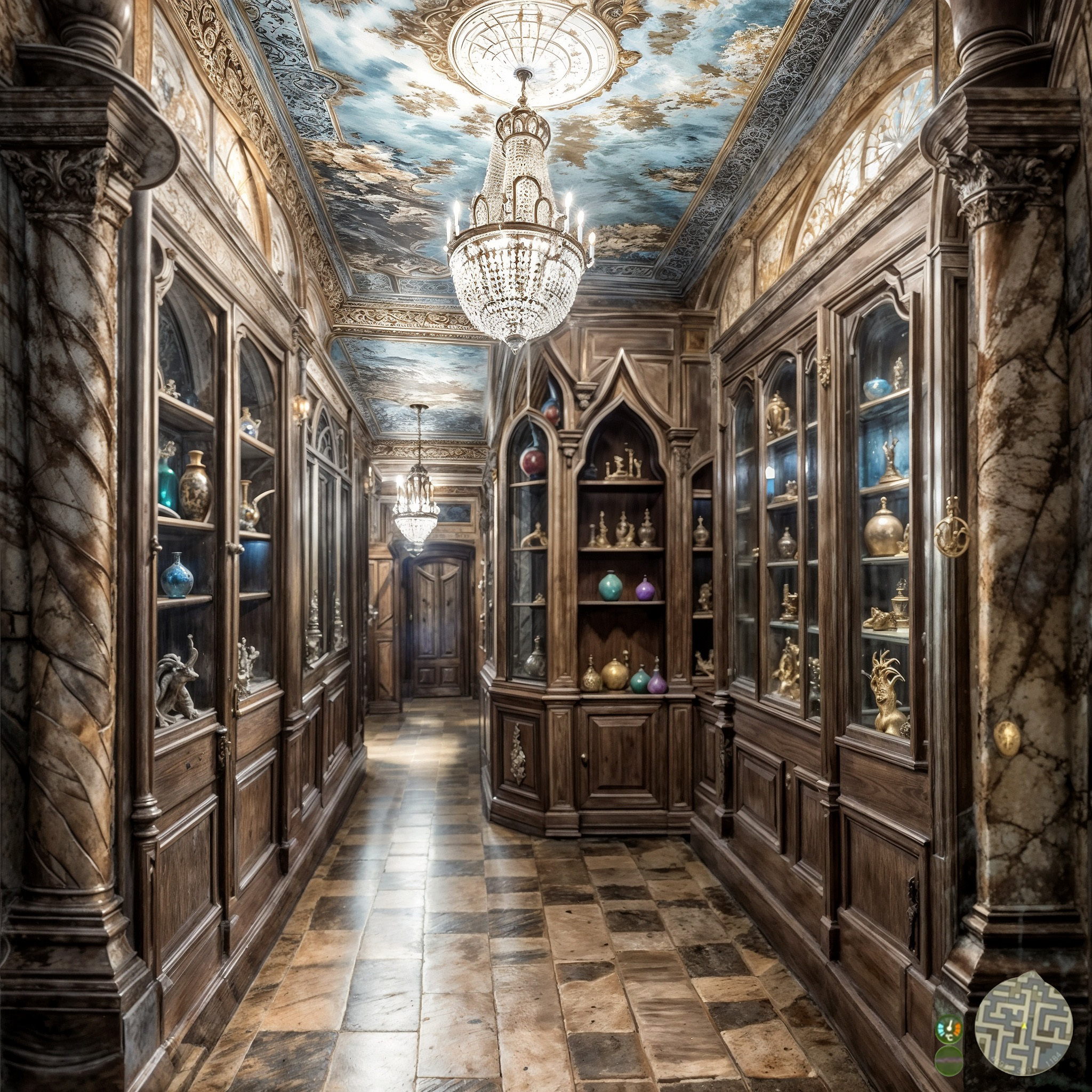 The cover art depicts a grand hall, its painted ceiling adorned with chandeliers, flanked by marble columns. Display cases filled with intricate artifacts and figurines line the walls. A game-like HUD in the bottom right corner shows your location within a maze and the current temperature.