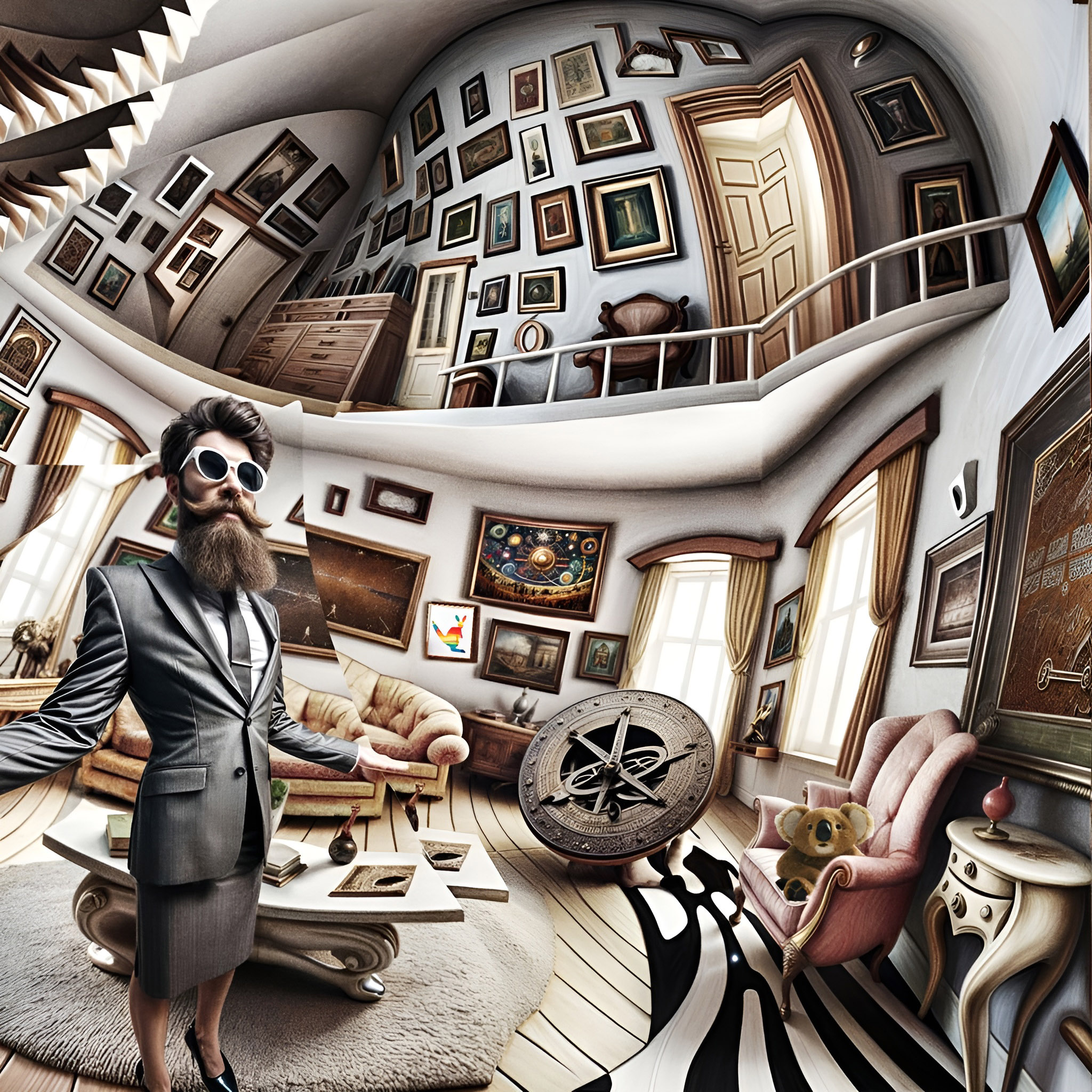 The cover art features a bearded individual in sunglasses, sporting heels and a business dress. They're posed in a seemingly warped living room, adorned with numerous framed photos, armchairs, a dresser, and a prominent compass on the floor. A koala lounges on the sofa, meeting the viewer's gaze.