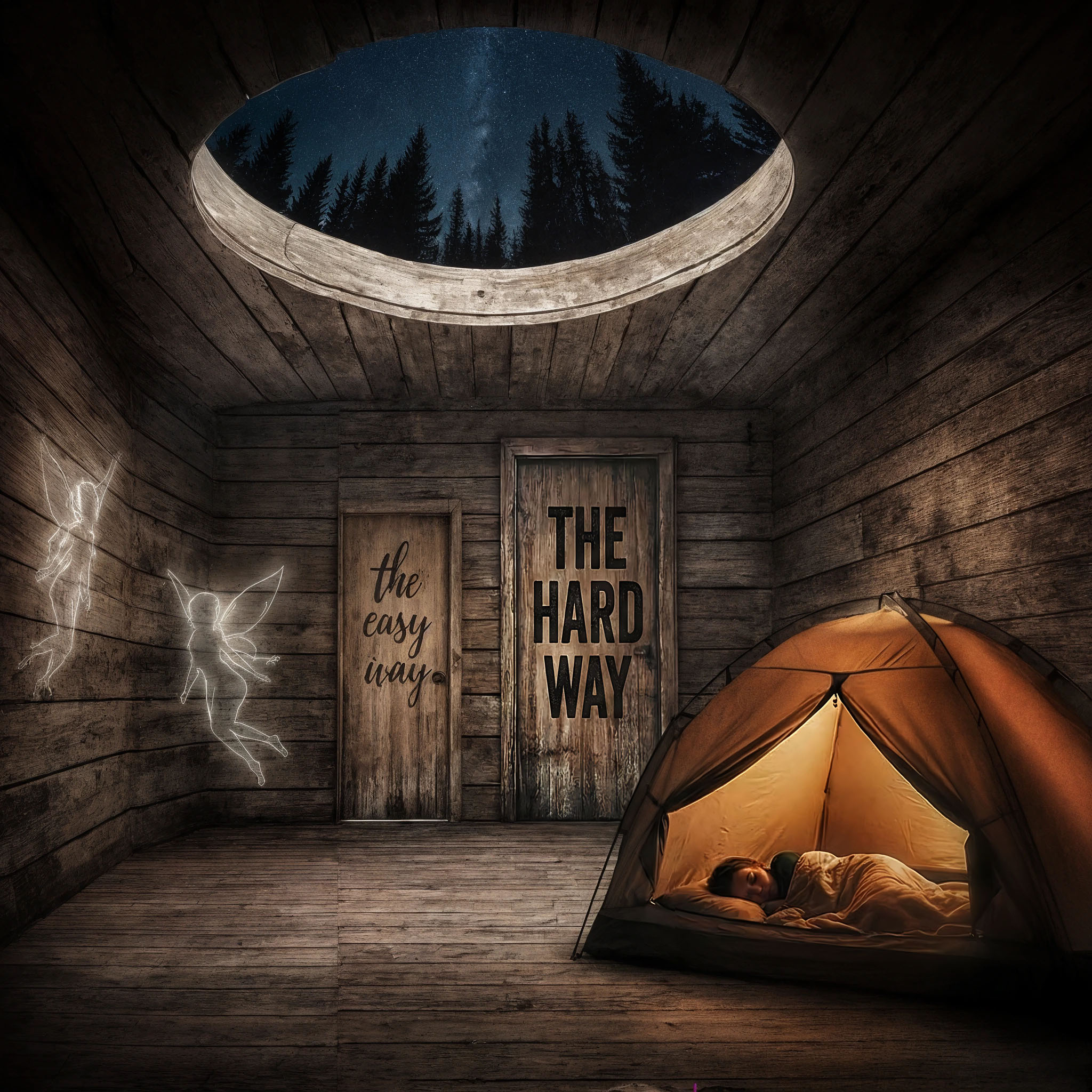 The cover art depicts a plank-constructed room with two doors, one labeled 'the easy way,' the other labeled 'THE HARD WAY,' two glowing fairies on the left wall, and a tent with a sleeping child in the right foreground under a round skylight overlooking the starry sky.