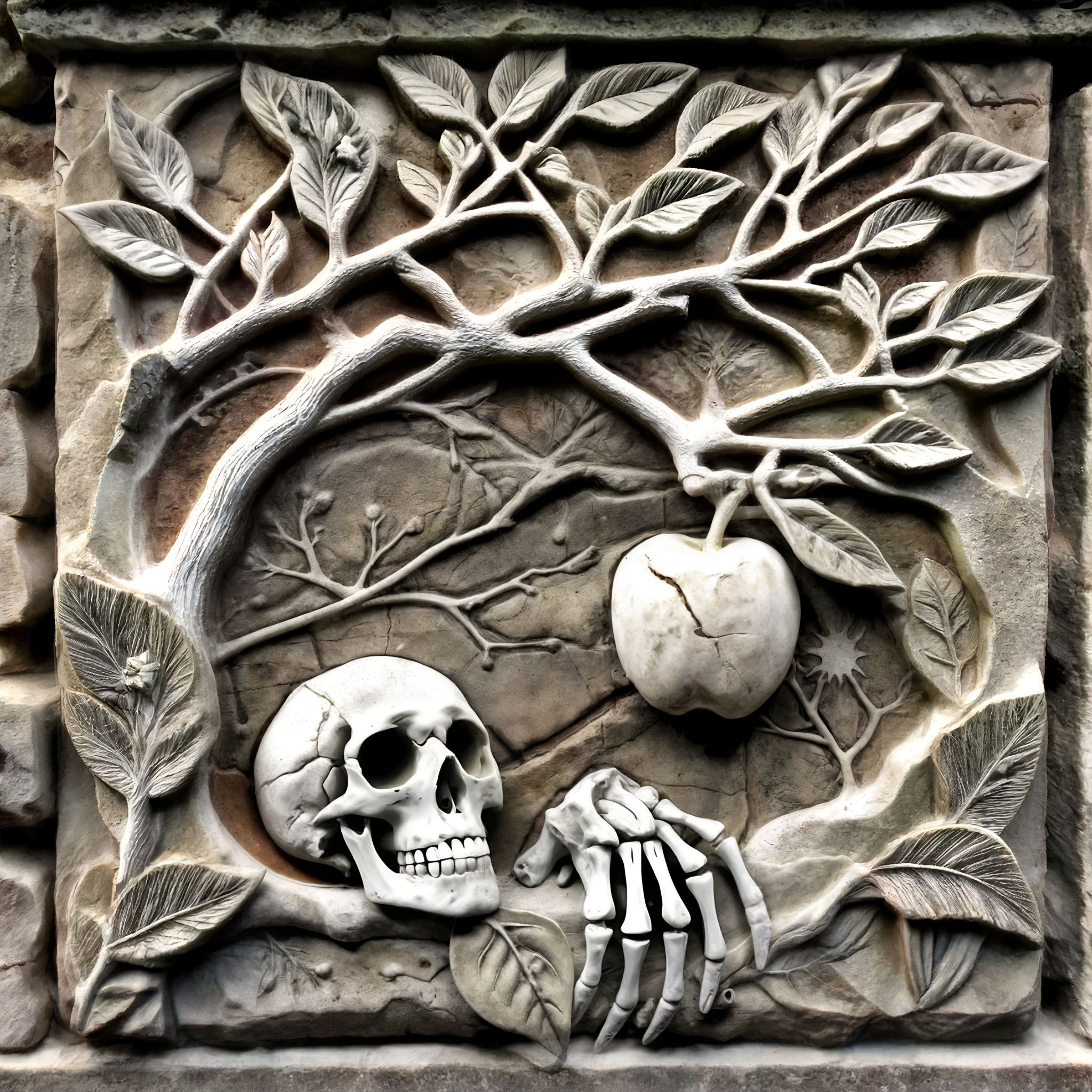 The cover art depicts a stone carving: a tree laden with an apple, while a skull and skeletal hand rise from the earth.