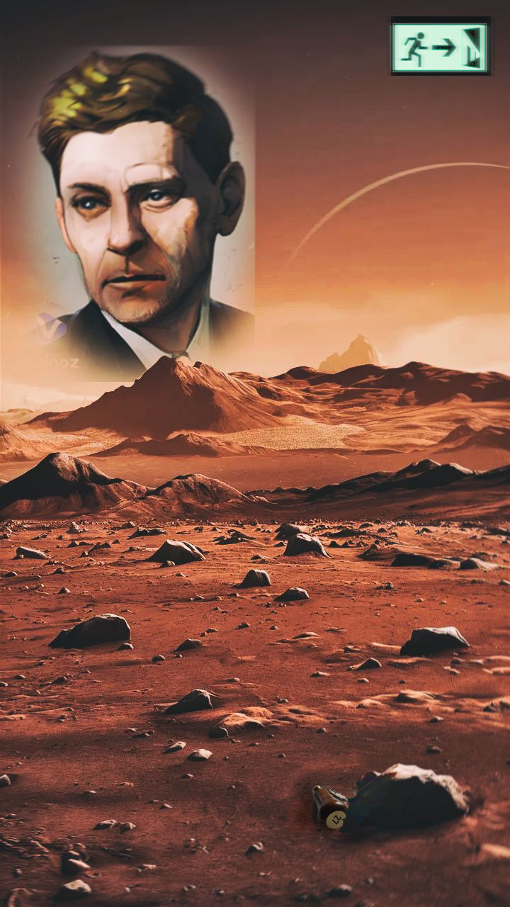 The cover art shows the portrait of a man above a barren, rocky Mars landscape with a green emergency exit sign in the upper right corner. A key with the number 27 lies in the Mars sand.