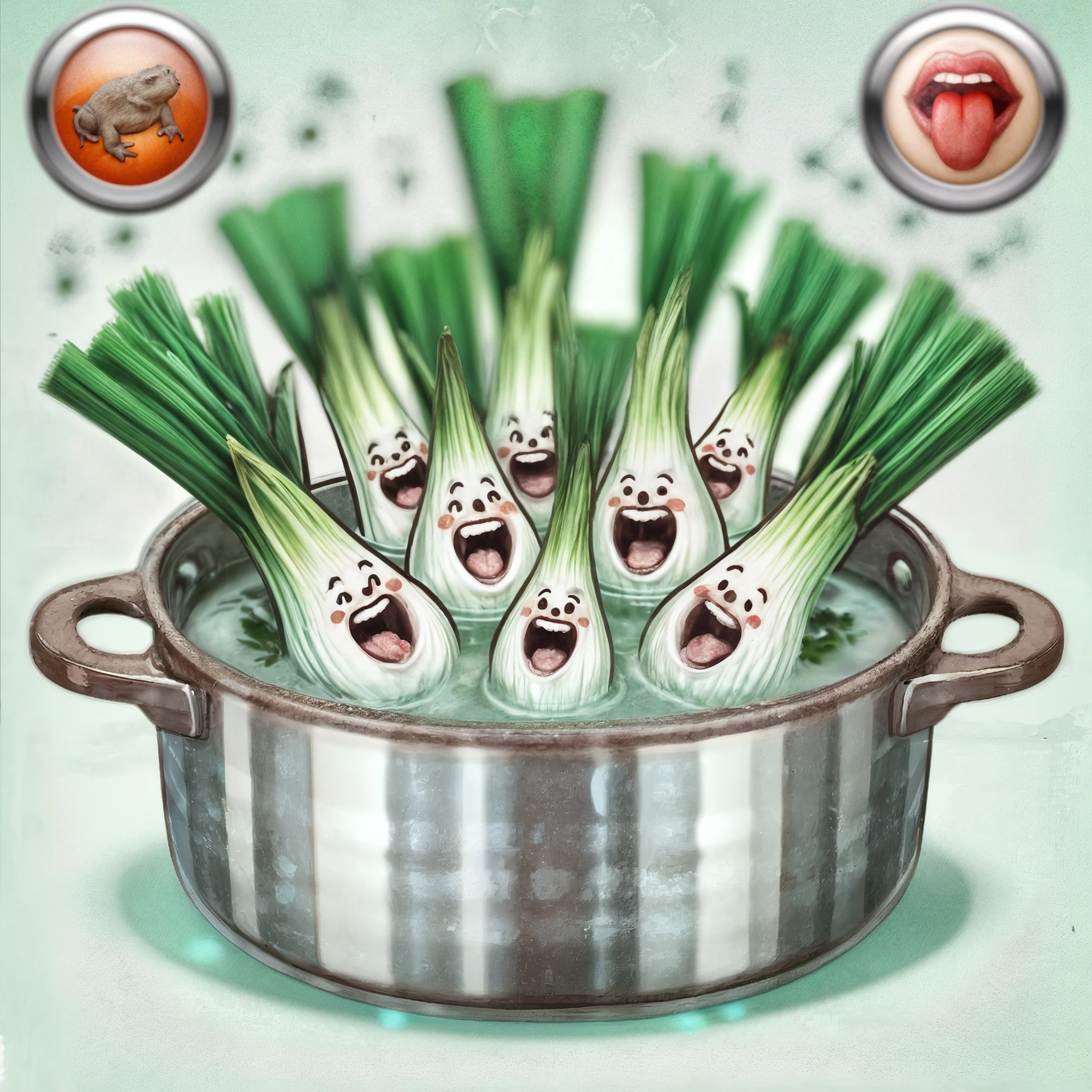 The cover art shows a pot of boiling spring onions that have faces and seem to be heartily singing. To the top left, a digital button sports a toad; to the top right, one displays a tongue lolling out.