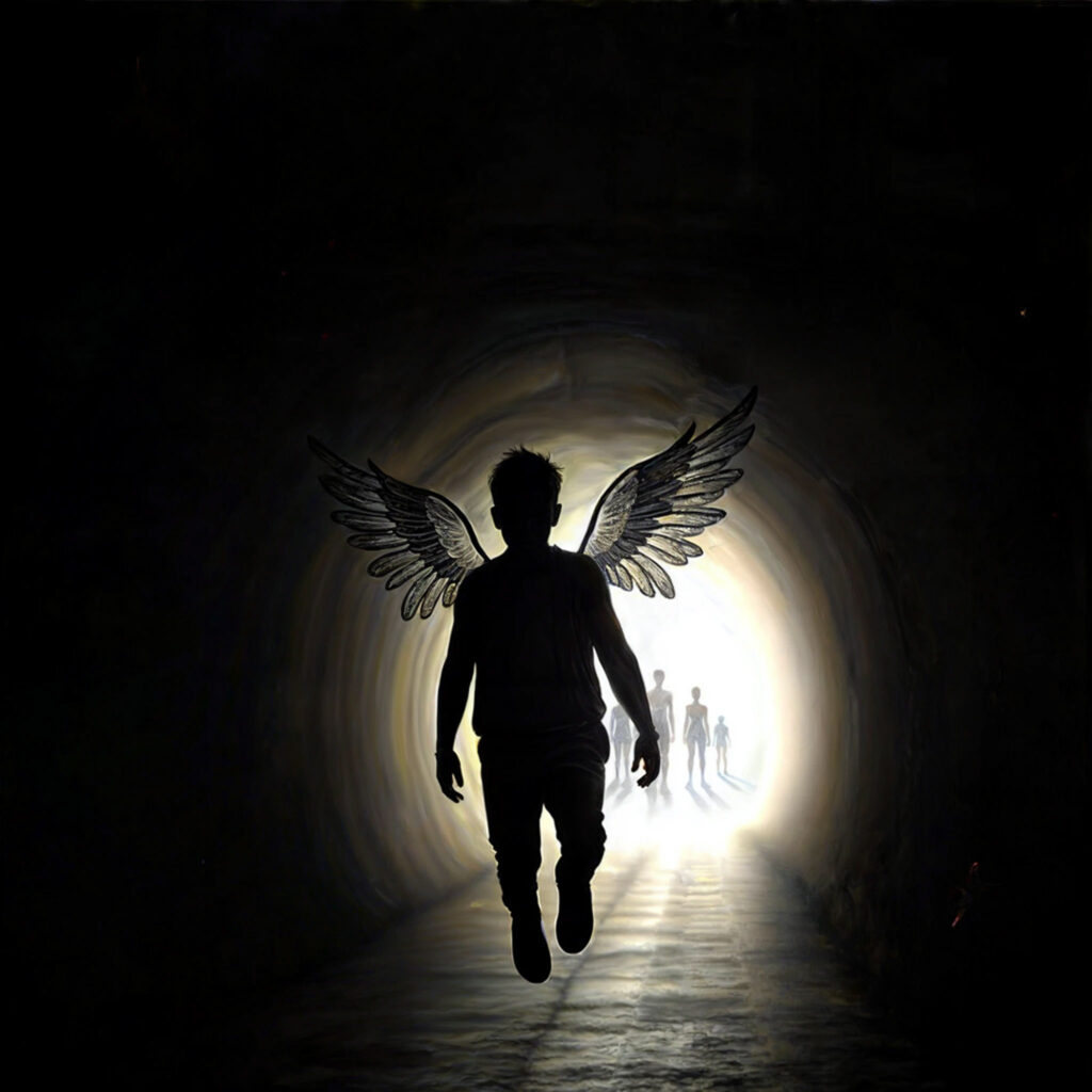 The cover art shows the silhouette of a person with transparent wings, floating towards a bright opening in a dark tunnel – or away from it. Further silhouettes are visible in the light at the end.