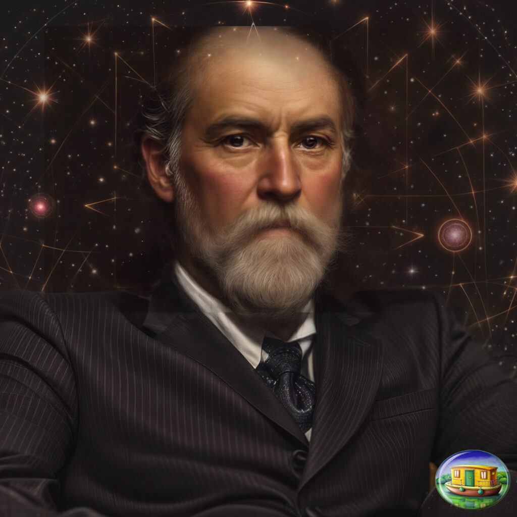 The cover art shows the portrait of an older man with a gray beard and receding hair, wearing a dark suit with a tie, against a background of shining stars and geometric lines. Tucked in the bottom right is a small plaque, depicting a houseboat.