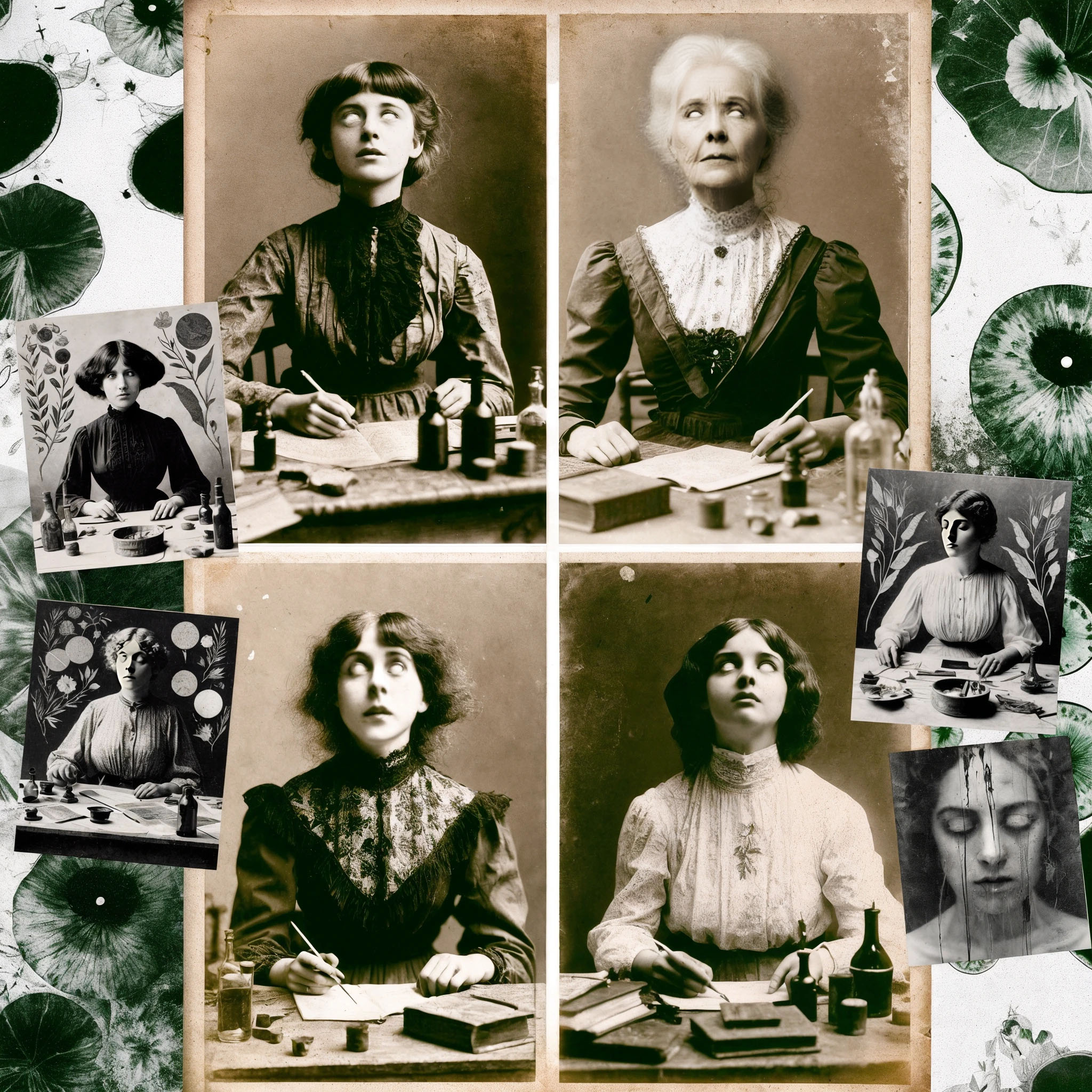 The cover art features four monochrome portraits of women in period dress, seated at desks and gazing upward, revealing only the whites of their eyes. These central portraits are encircled by smaller photographs and a backdrop of floral patterns.
