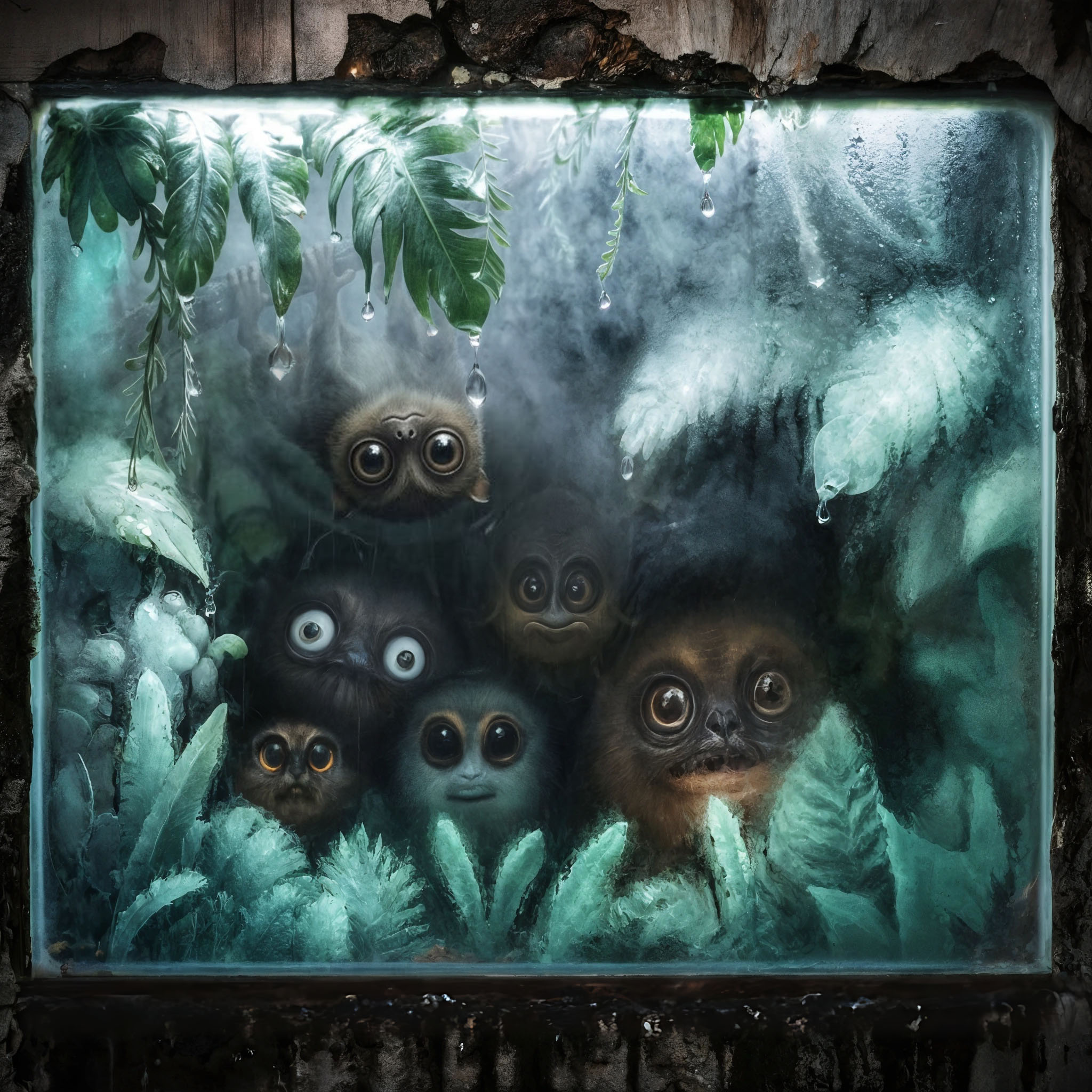 The cover art shows six small, roundish, peculiar creatures with large eyes peering out of a damp window frame, surrounded by ferns and leaves.