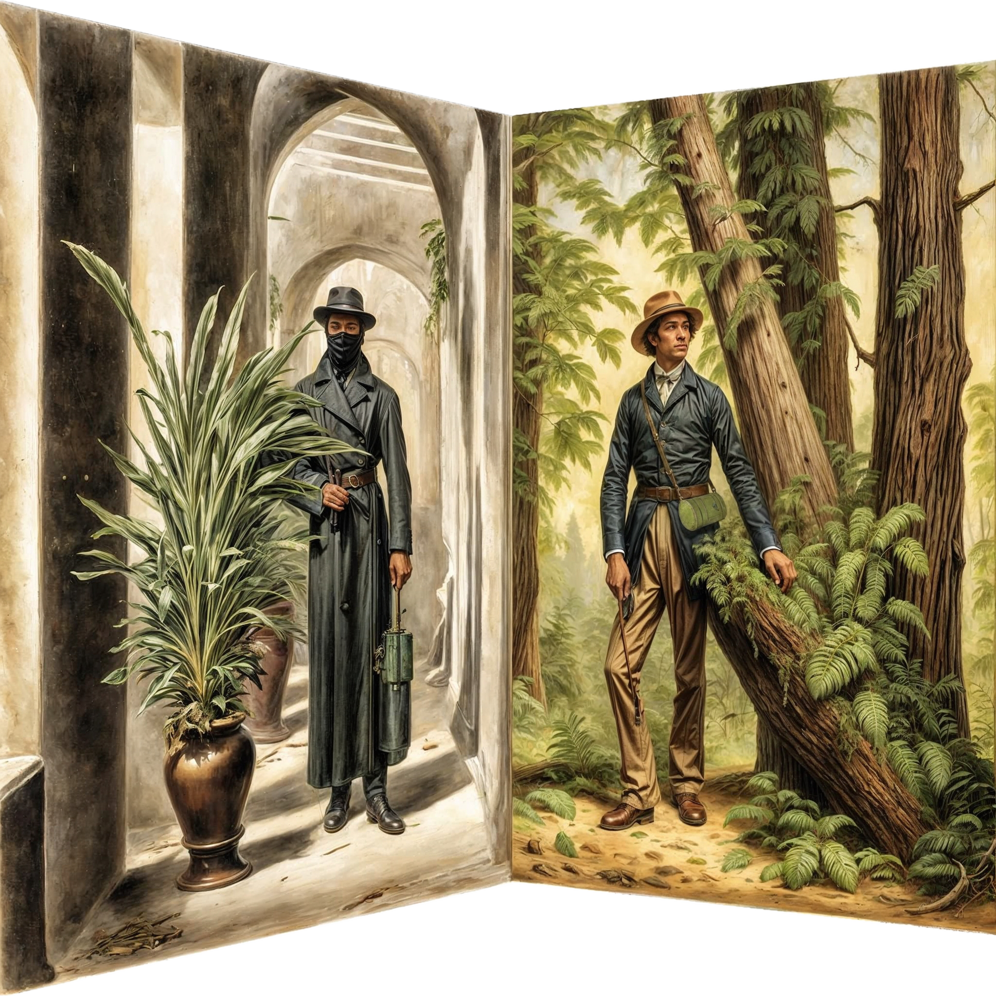 The cover art depicts two men in period dress, set against contrasting backdrops. On the left, within a colonnade featuring a large potted plant, one figure is shrouded and armed with a bomb. To the right, amidst ferns and trees in a wooded setting, another man is seen with a plant-collecting case slung over his shoulder.