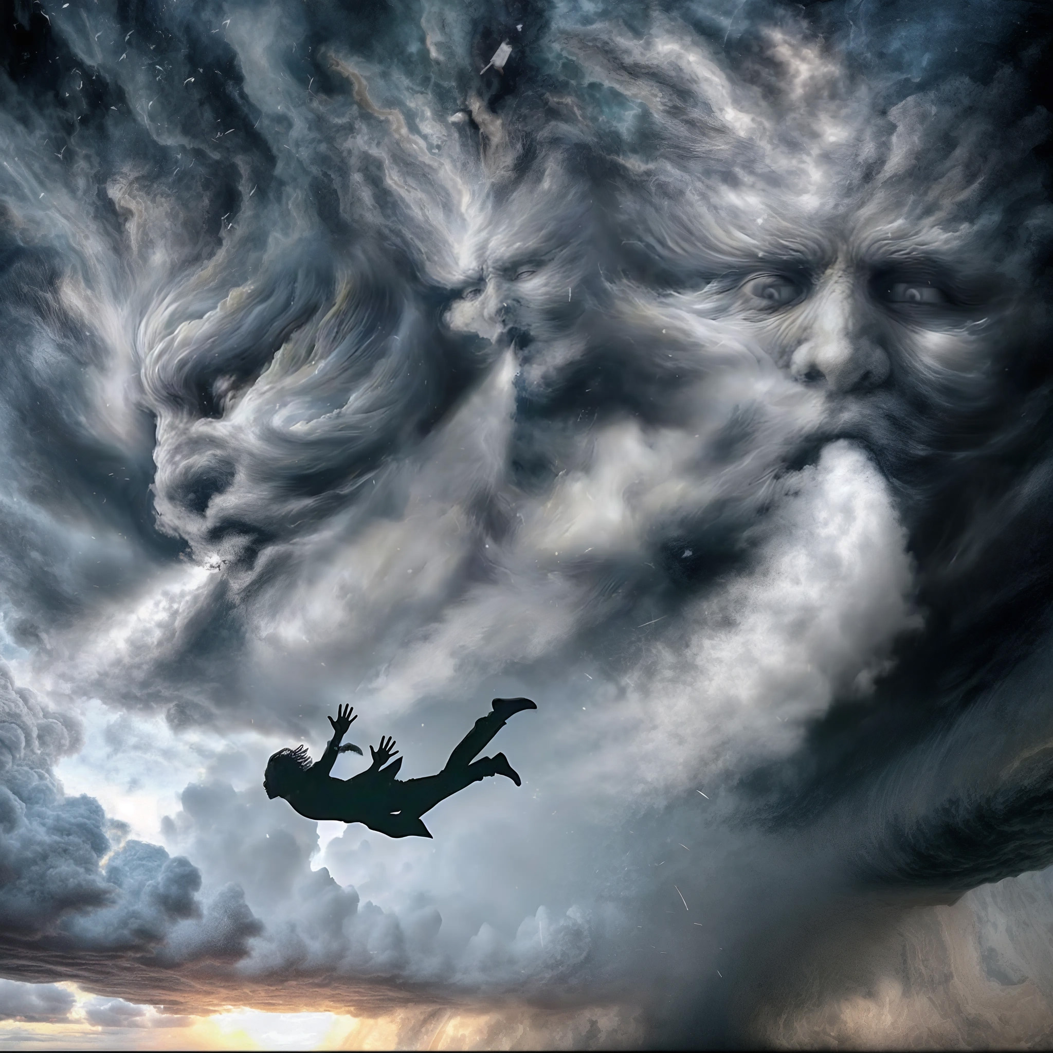 The cover art depicts a swirling cloudscape shaped into human visages, exhaling gusts of wind, with a silhouetted figure descending or hovering below.