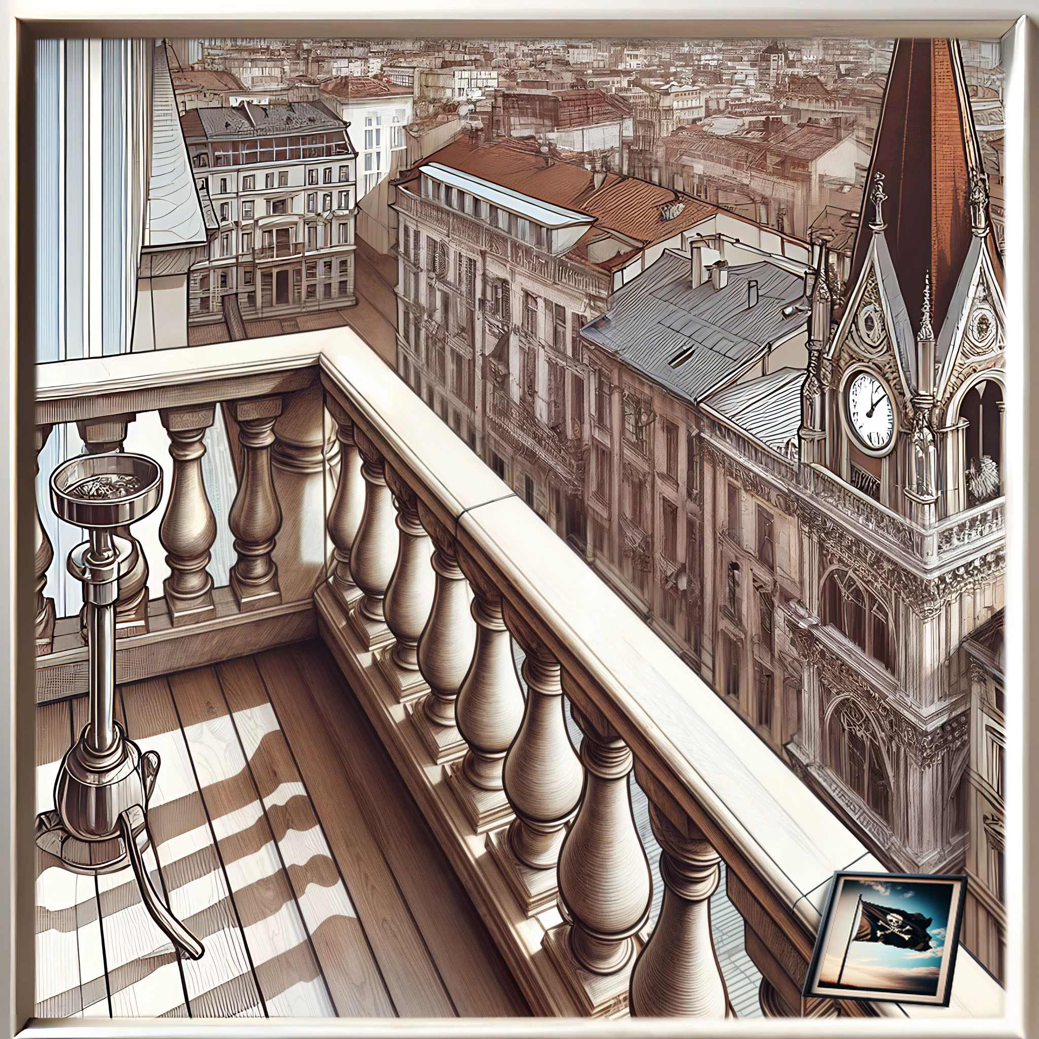 The cover art shows the view from a balcony with a balustrade onto a city with historical buildings and a tower with a clock. An ashtray stands on the floor, and a framed picture with a pirate flag lies on the railing. 