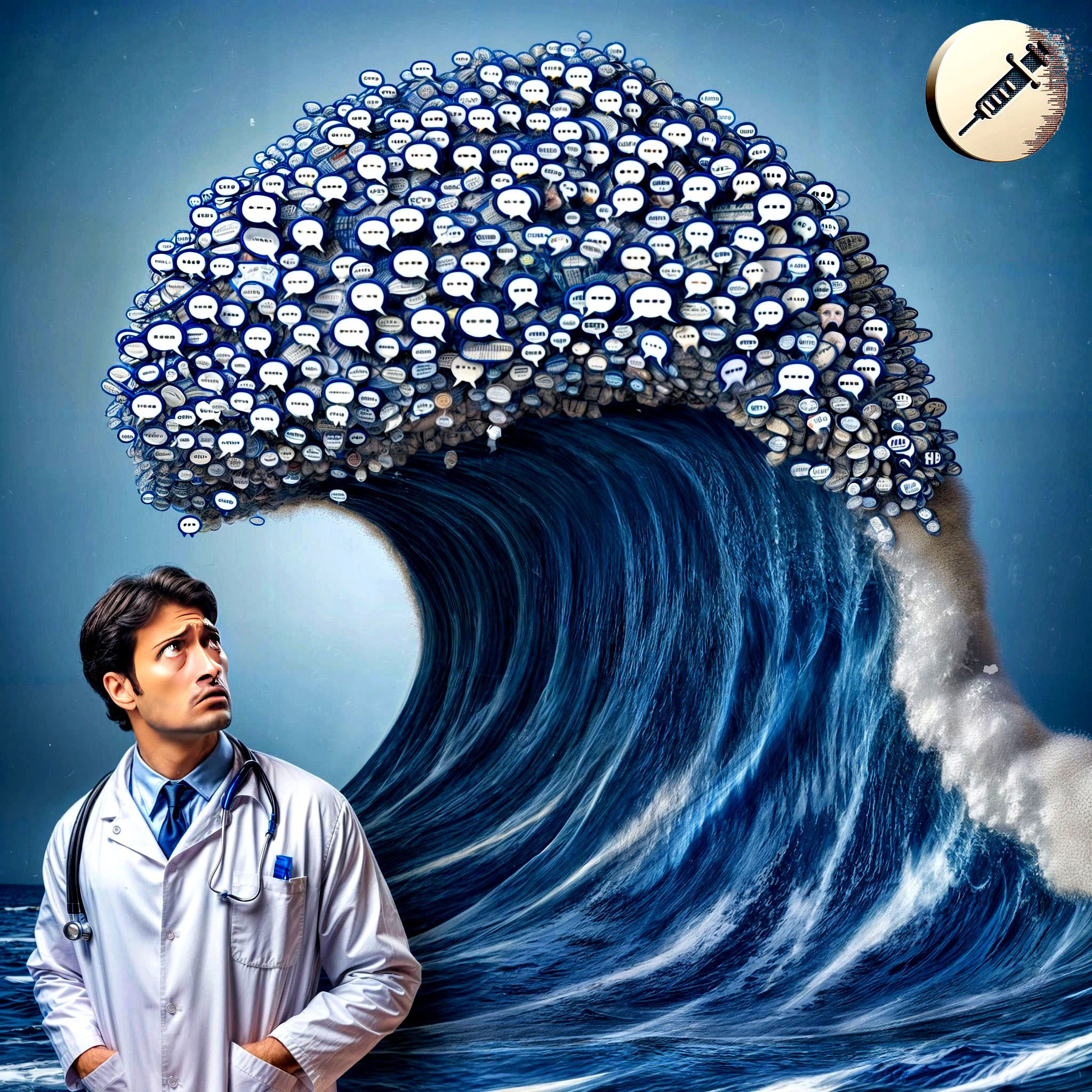 The cover art shows a doctor with a stethoscope, looking concerned at a giant wave of speech bubbles rolling towards him. A digital button in the upper right corner displays the pictogram of a syringe.