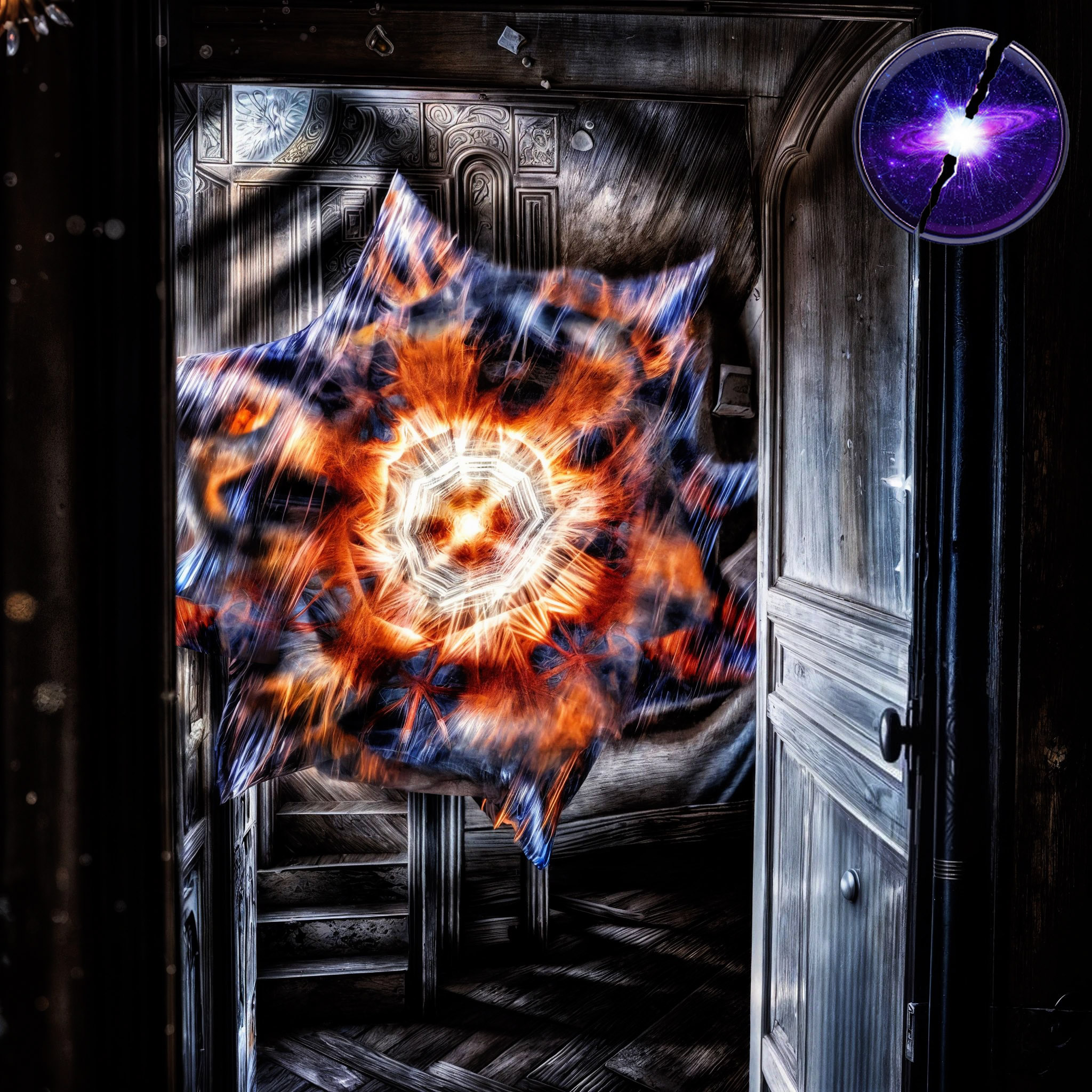 The cover art depicts an open wooden door within a shadowy interior, where a luminous, kaleidoscopic, starburst pattern hovers in the threshold. Top-right, a digital button features a galaxy icon, bisected by a fissure.