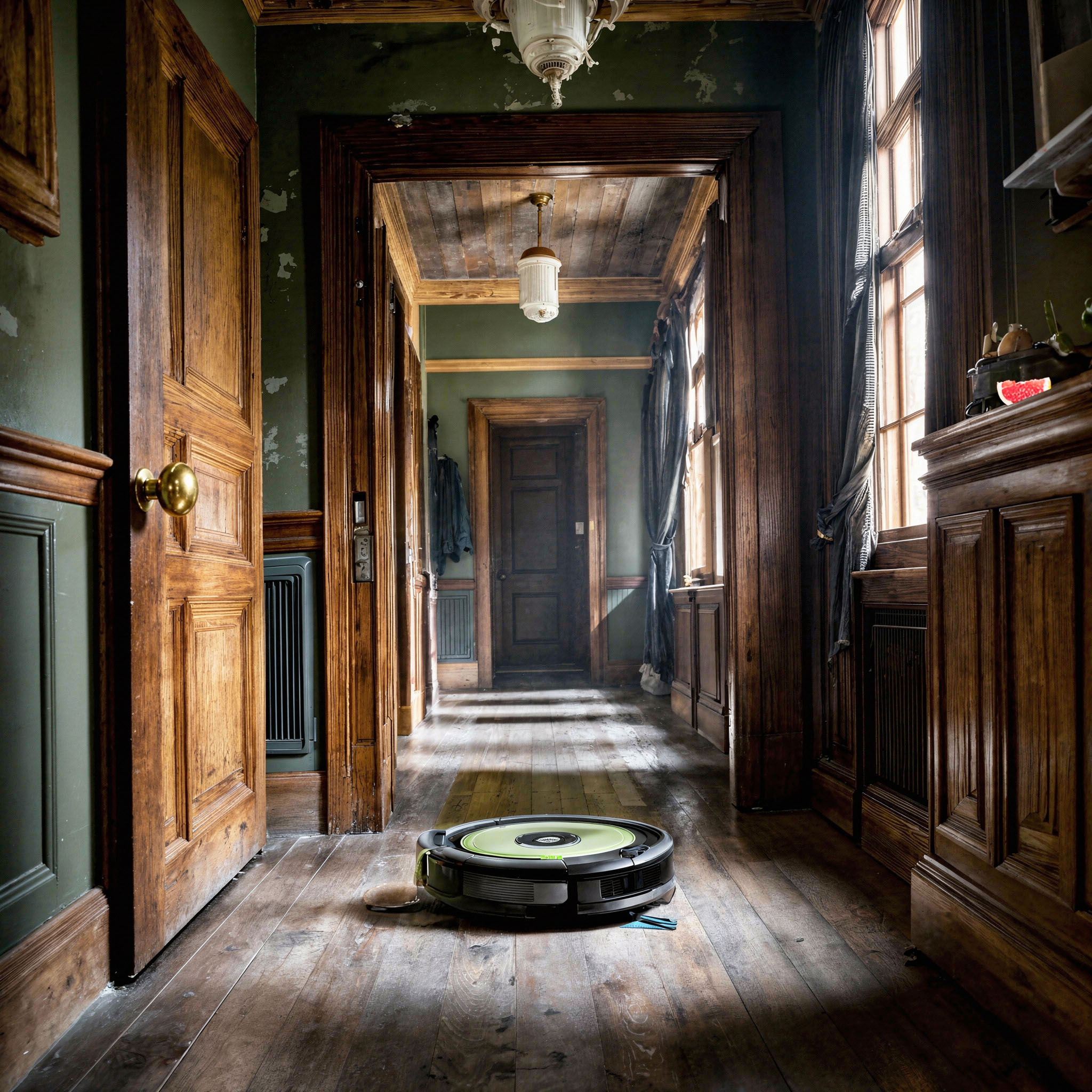 The cover art features a robot vacuum on the weathered wood floor of an old house. A long corridor with multiple wooden doors and windows allows daylight to stream in. A dresser holds a slice of a red-fleshed citrus fruit.