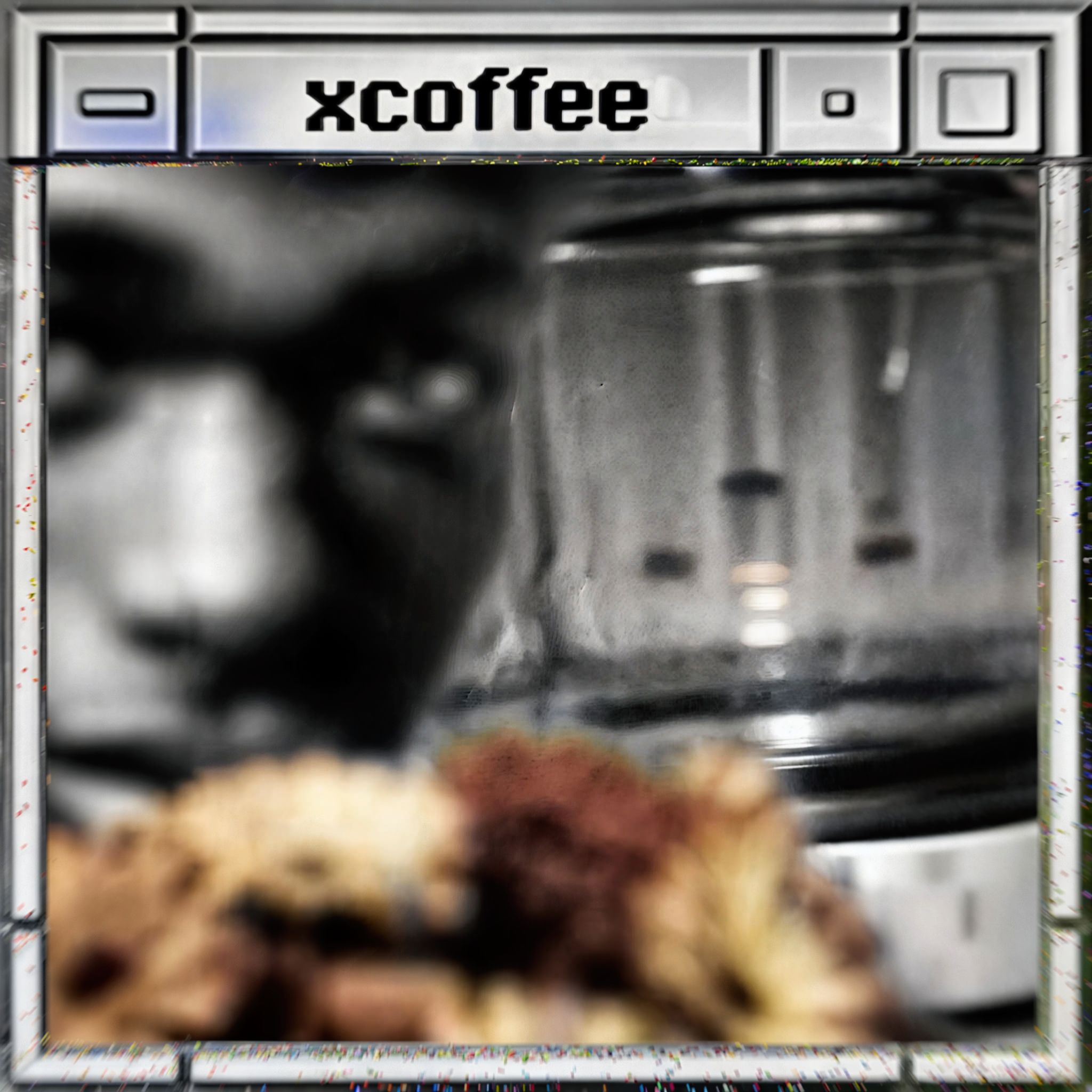 The cover art features a square "xcoffee" window, set against a softly focused portrait of a man holding what appears to be a bouquet before a coffee maker.