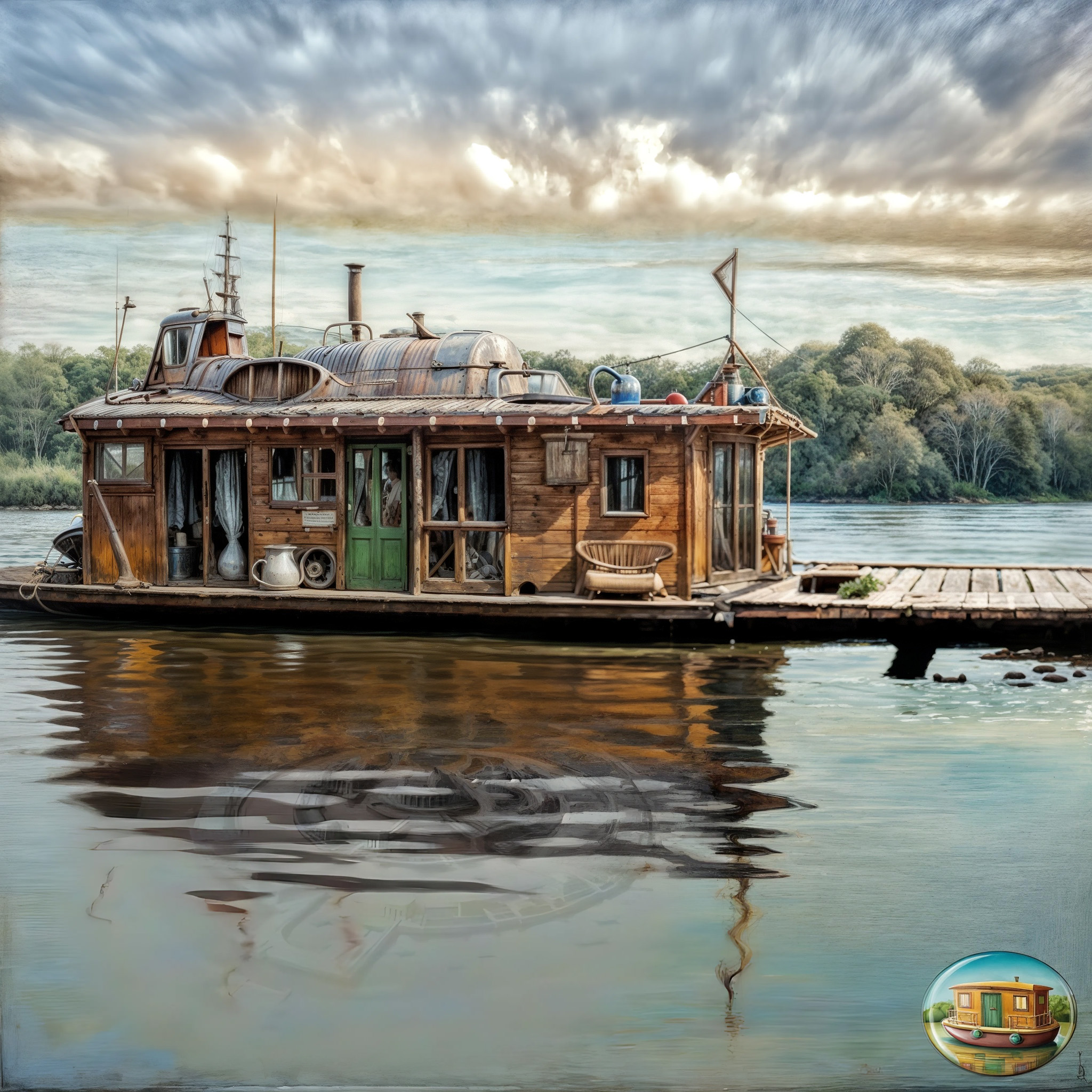 The cover art shows a wooden houseboat with a green door and various structures on the roof, in front of a wooded shore under a cloudy sky. A circular architectural structure can be discerned in the calm water. Tucked in the bottom right is a small plaque depicting a houseboat.