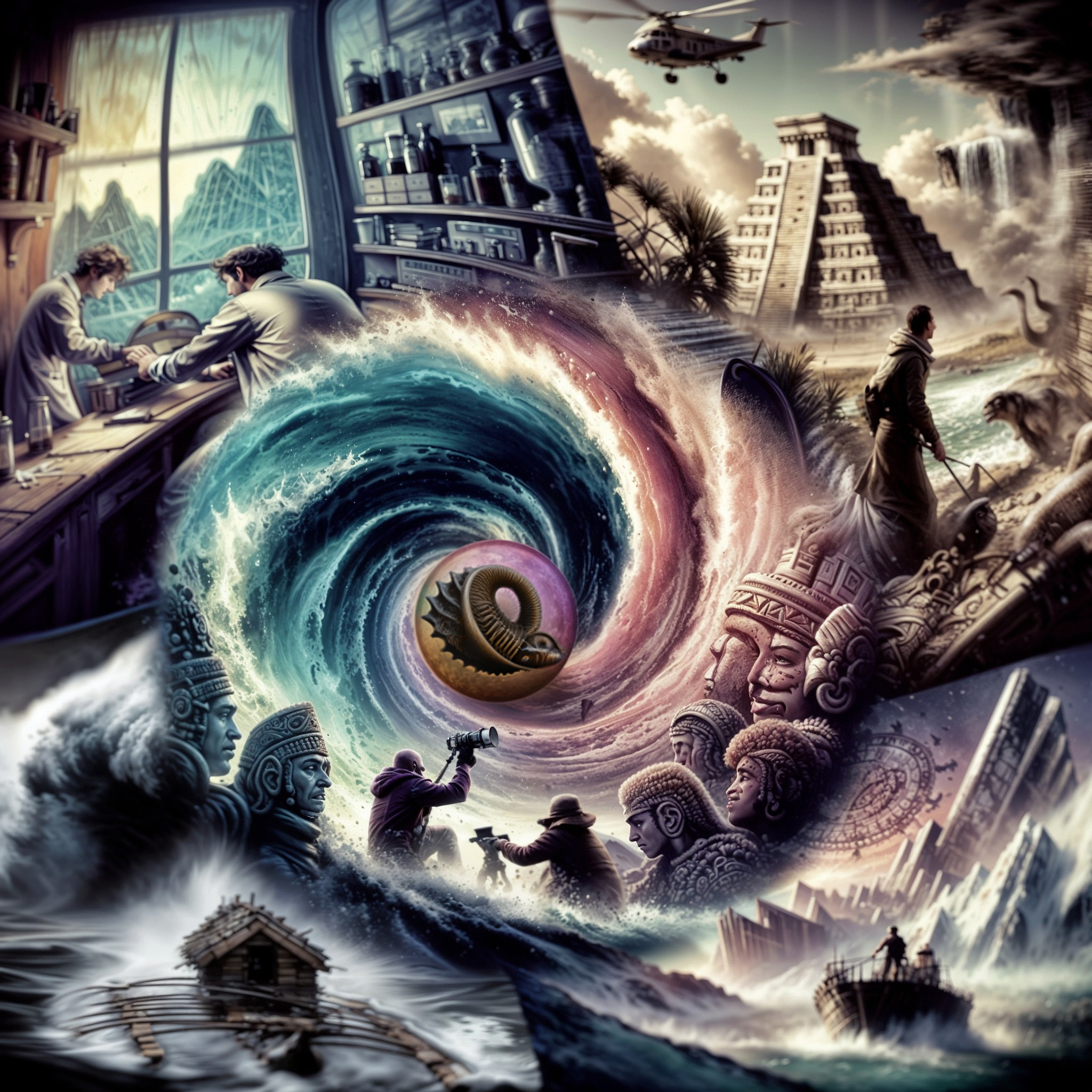 The cover art displays a surreal collage featuring researchers in a laboratory, a helicopter hovering above a Mayan pyramid, a modern boat, a Polynesian boat with a hut, and Mesoamerican statues – all swirling together around a snail-shaped structure at the center. 