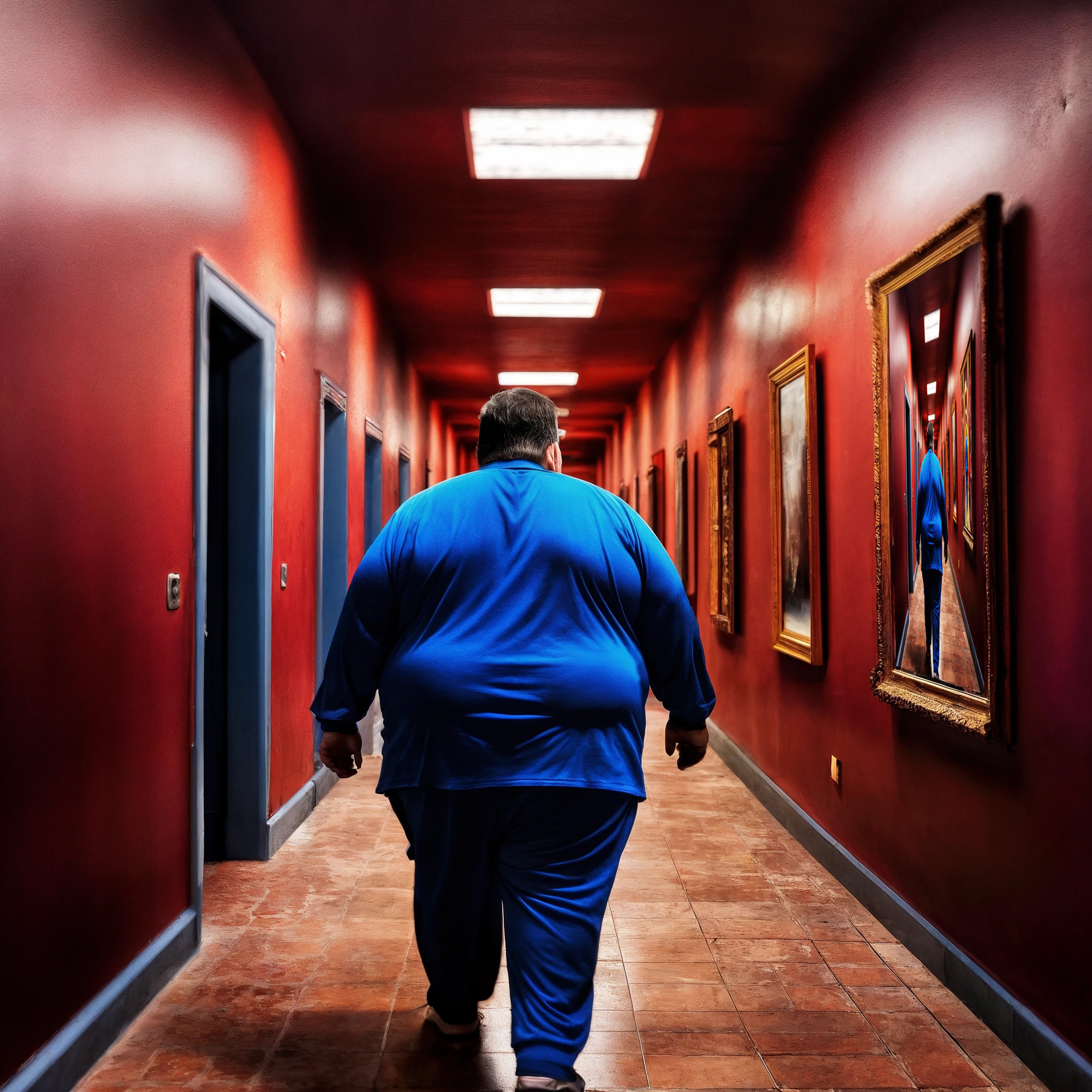 The cover art shows an overweight person in a blue tracksuit from behind. They are walking along a red-painted corridor with several doors on the left wall and framed pictures on the right wall. The foremost picture shows the title image with the person in the corridor.