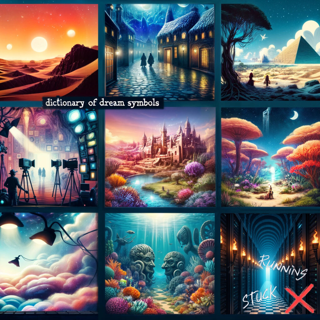 The cover art shows nine square scenes with dream and fantasy motifs and the inscription "dictionary of dream symbols". Visible are: desert landscape with sun, snowy alley with two figures, pyramid landscape, film studio, fairytale castle on a river, forest with large mushrooms, sky with clouds and lamps, underwater world with two large statues, and a long corridor with the lettering 'RUNNING STUCK' and a red X.