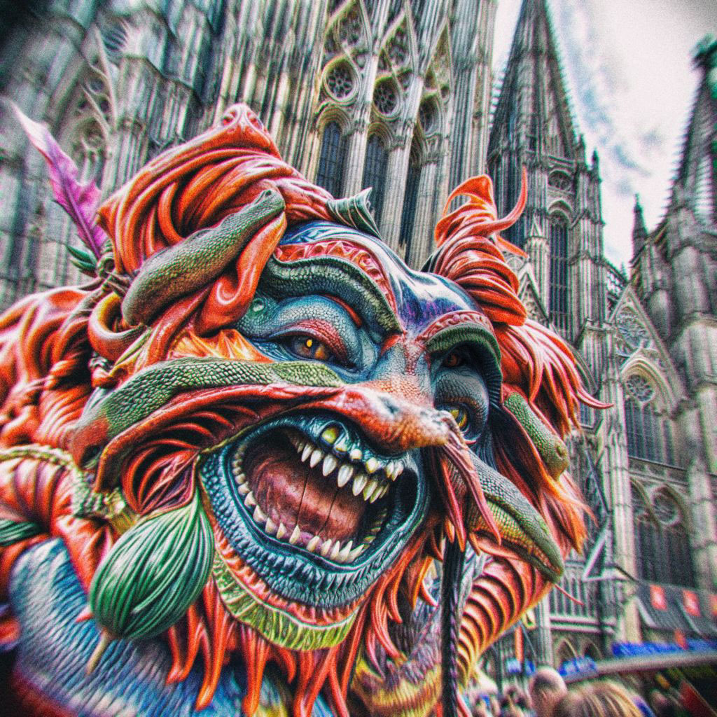 Das Titelbild zeigt eine Nahaufnahme einer farbenfrohen, grotesken Drachen-Maske mit scharfen Zähnen und Schlangenmotiven vor dem gotischen Kölner Dom. Rechts oben zeigt ein digitaler Button das Piktogramm einer Menschenmenge, der Naschwerk zugeworfen wird. 