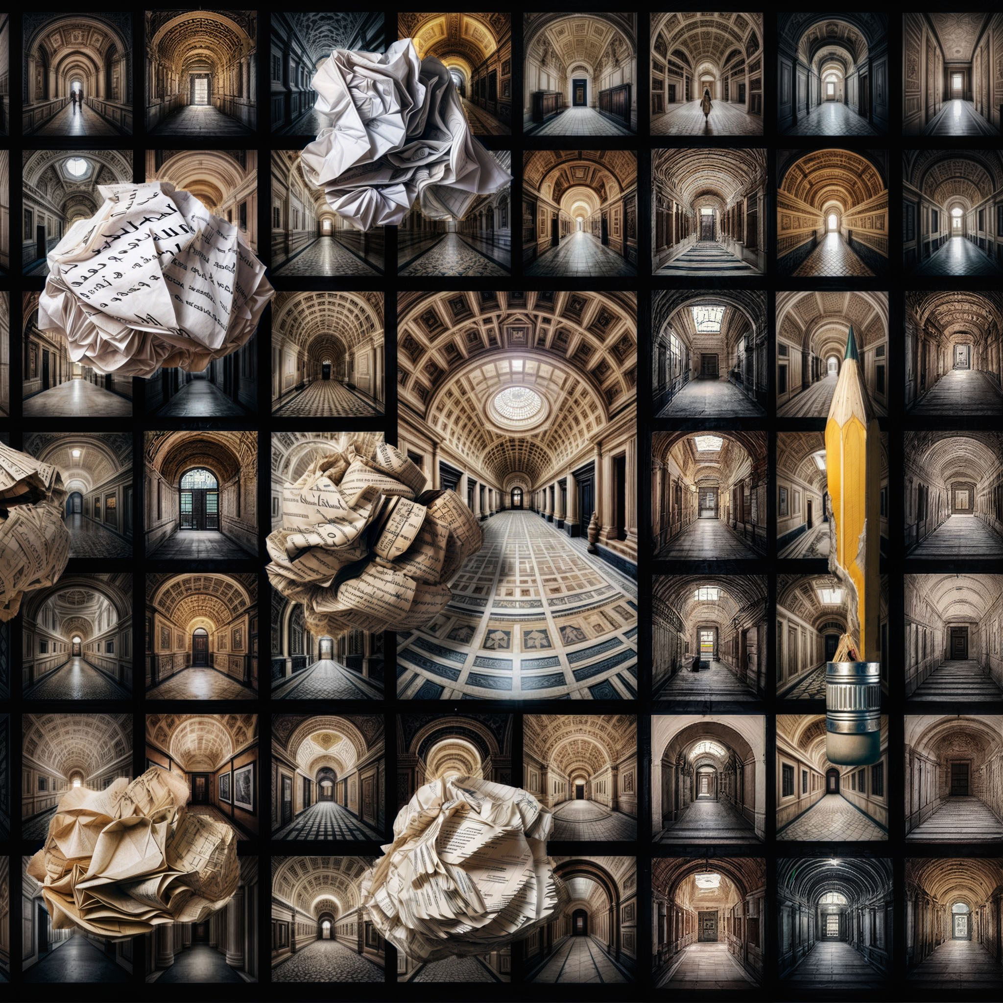 The cover art depicts a grid of historical, vaulted hallways, characterized by repeating arches and domed ceilings. Scattered atop this visual are crumpled balls of paper, scrawled with handwriting, alongside a worn-out yellow pencil with an eraser.