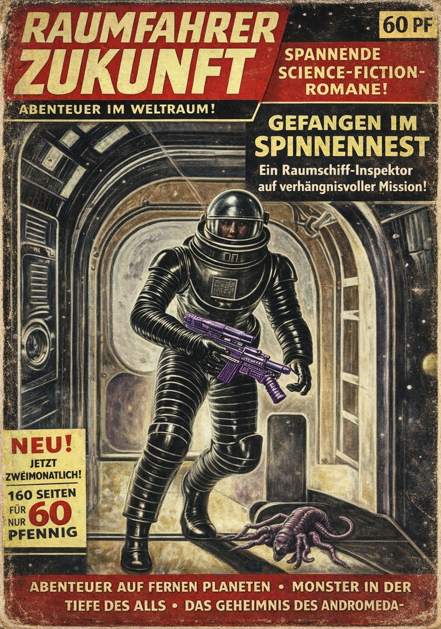 Das Titelbild zeigt das historische Heft "Raumfahrer-Zukunft" für 60 Pfennig. Die Cover-Illustration zeigt einen Raumfahrer in einem Raumanzug mit einem futuristischen Gewehr in einem runden Raumschiffgang, vor ihm auf dem Boden eine kleine, krabbenartige Kreatur.