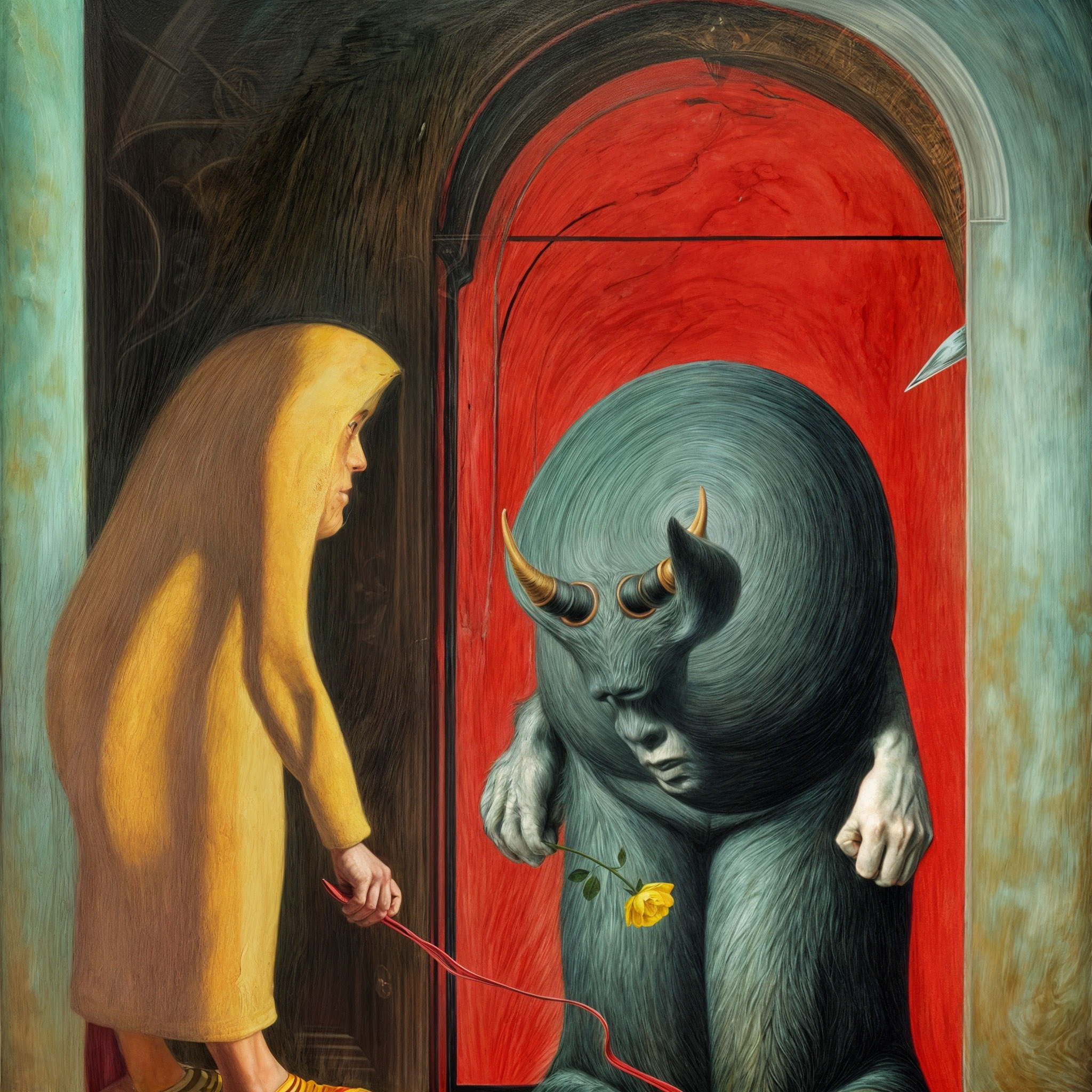 The cover art depicts a figure cloaked in yellow. A red cord extends from their grasp to a hulking, horned humanoid entity clutching a yellow rose in its hirsute hand. This creature stands within a scarlet arch, with the glint of a blade appearing at the top.