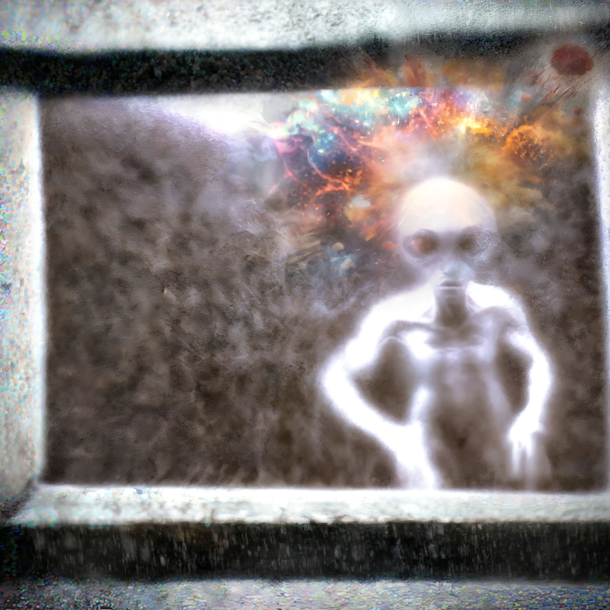 The cover art depicts, seen through a rectangular frame or window, a hazy view of a humanoid figure, likely extraterrestrial, with a glowing halo encircling its head.