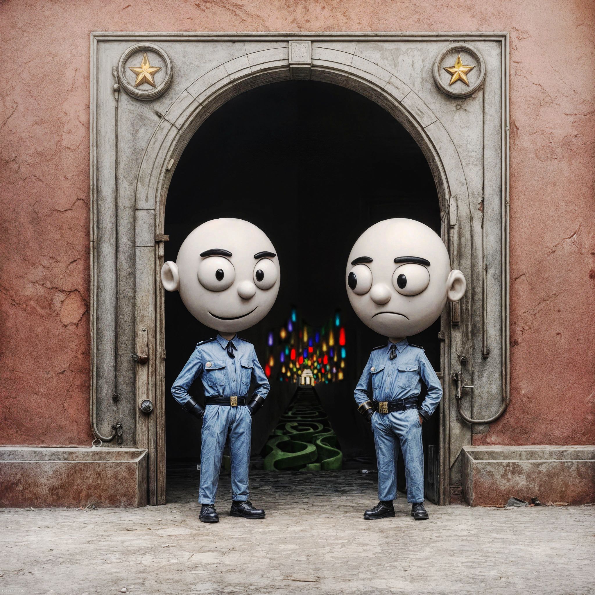 The cover art depicts two characters sporting big, bulbous heads and azure uniforms, positioned before a star-adorned archway. Behind them, vibrant lights illuminate a dim space.