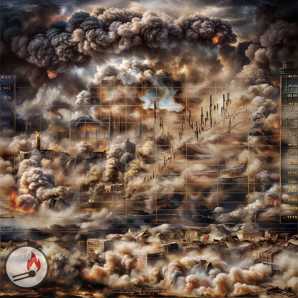 Das Titelbild zeigt dichte Rauchwolken und Flammen über einer zerstörten Stadt mit eingeblendeten Diagrammlinien und Zahlen im Hintergrund. Unten links zeigt ein digitaler Button das Piktogramm eines brennenden Streichholzes.