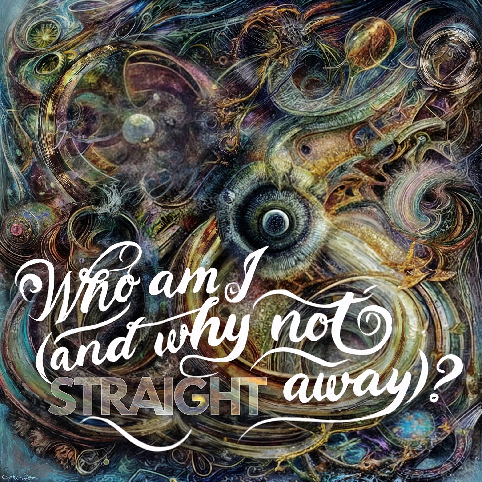 The cover art shows abstract, swirling patterns with organic shapes and intertwined lines, above which the lettering 'Who am I (and why not straight away)?' appears in a flowing white font.