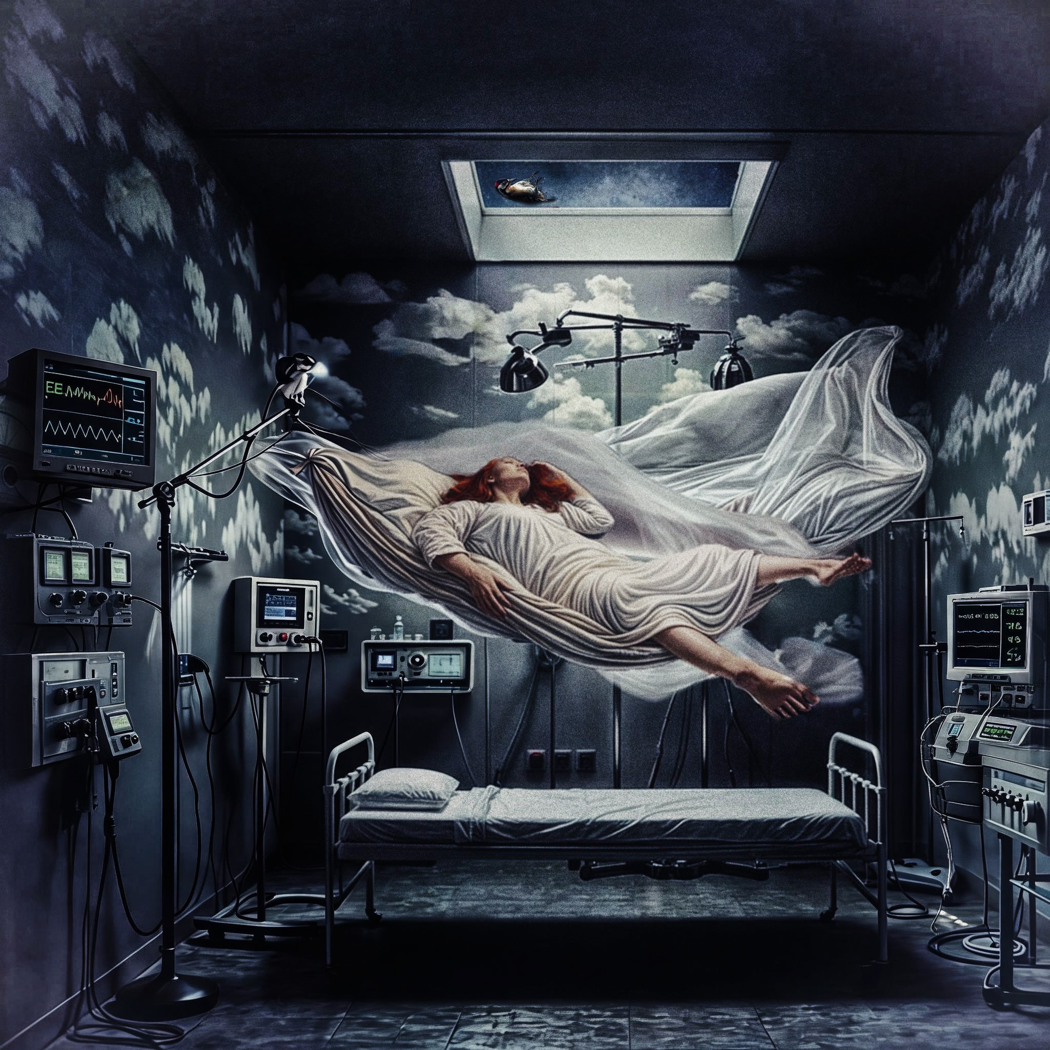 The cover art depicts a hospital room, replete with medical instruments and monitoring equipment. Suspended above the vacant bed is a woman, asleep beneath a shroud of white fabric. The room is adorned with cloud-patterned wallpaper and features a skylight, upon which rests a deceased bird.