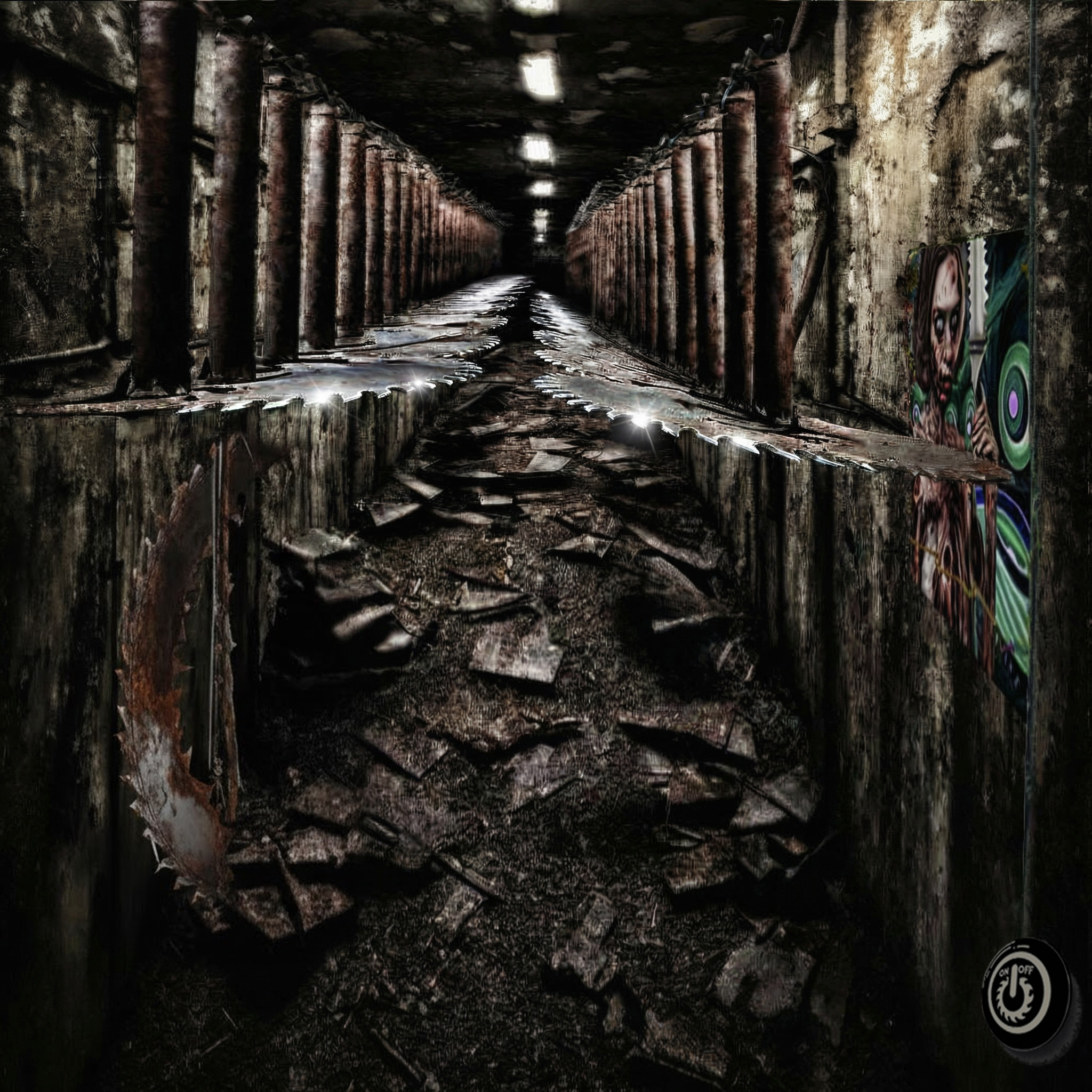 The cover art depicts a decaying, narrow hallway flanked by rows of massive, horizontal saw blades, leaving only a sliver of space to pass. To the right, a zombie poster adorns the wall, with a cable descending to a simple on-off switch.