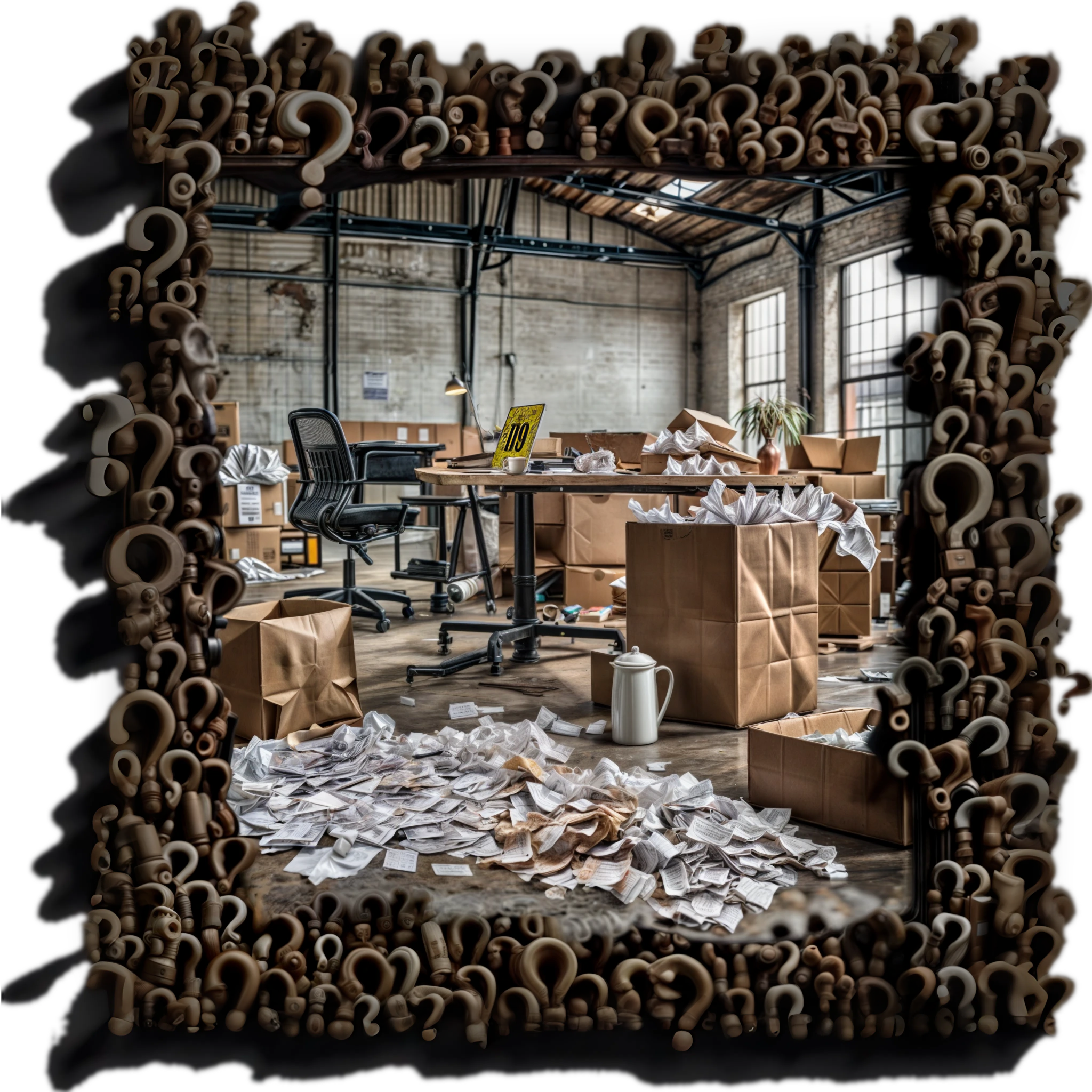 The cover art shows an office with a desk, chair, many boxes, and countless crumpled pieces of paper on the floor, framed by a dark, heavy frame of question marks. The number 119 can be seen on a laptop display.
