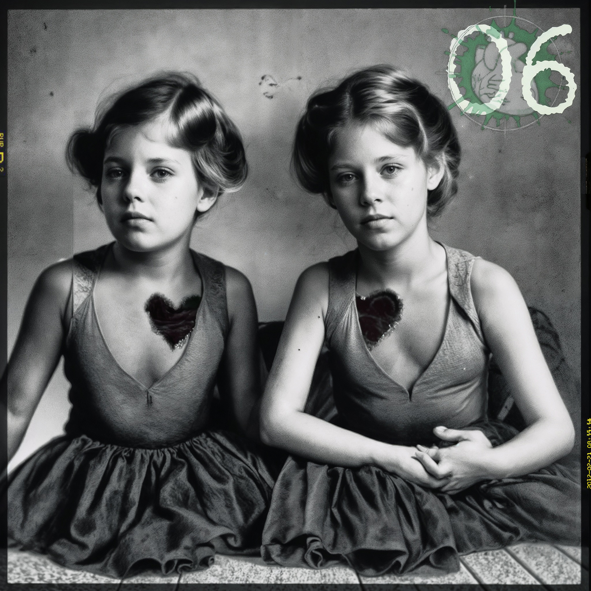 The title image shows a black-and-white photo with two girls in sleeveless dresses standing next to each other in front of a wall. Both have a large, heart-shaped hole in their chests. An upper-corner overlay displays the number 06 over the pictogram of a human heart in the crosshairs. 