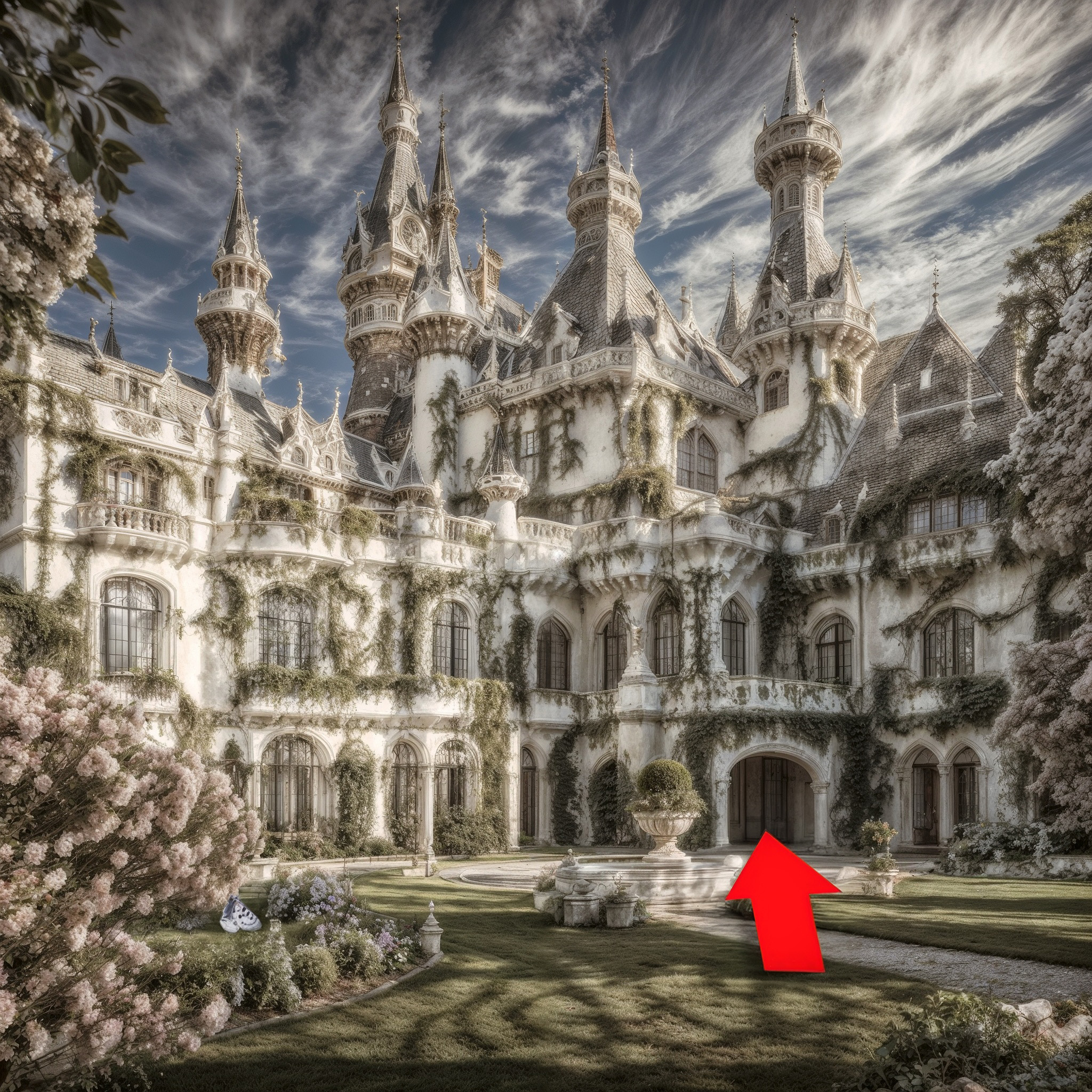 The cover art shows a grand white castle, its many towers adorned with creeping ivy, set against a vibrant floral garden. A solitary red arrow directs the viewer's gaze toward a particular entrance.